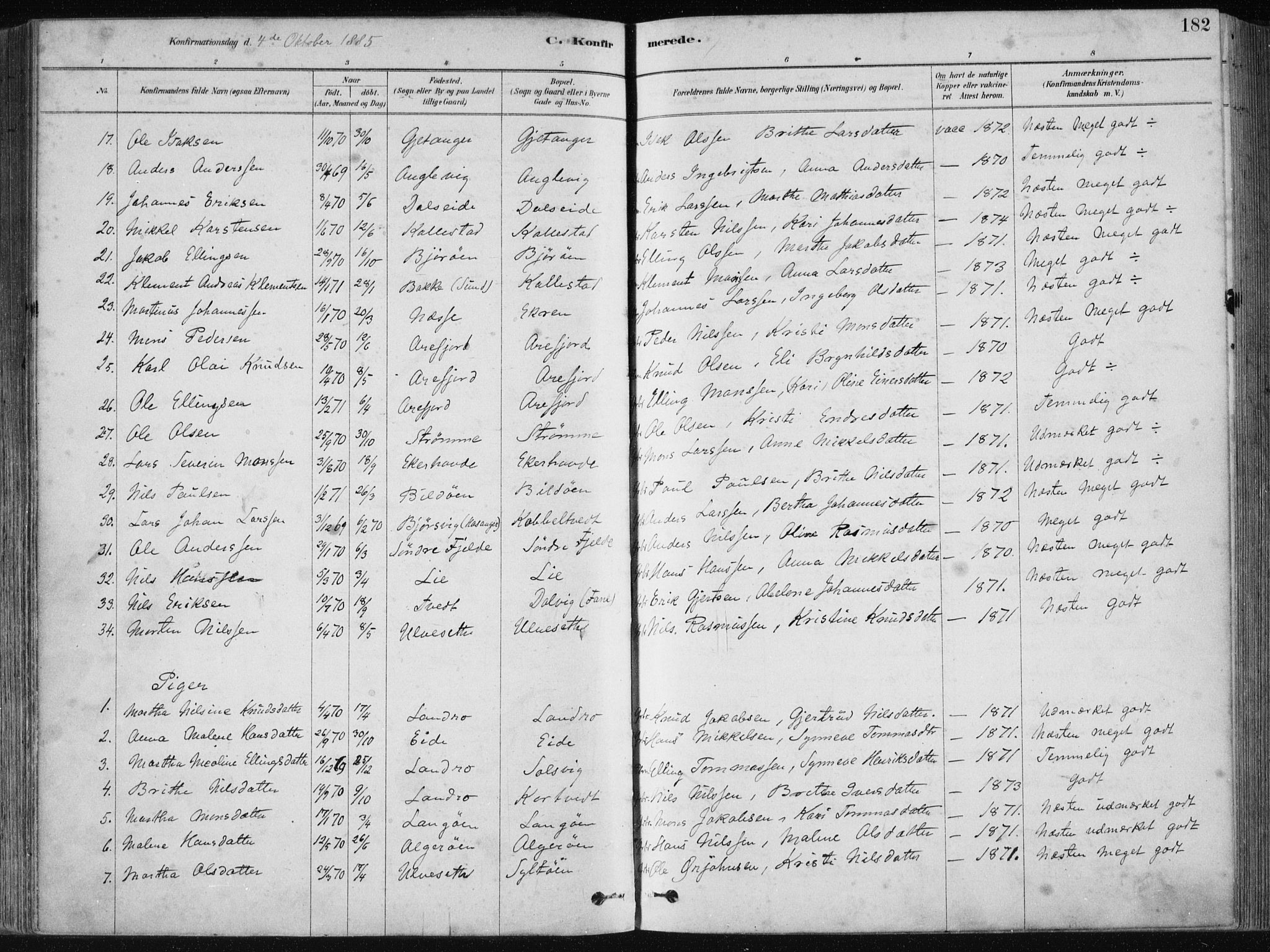 Fjell sokneprestembete, SAB/A-75301/H/Haa: Parish register (official) no. A  8, 1878-1898, p. 182