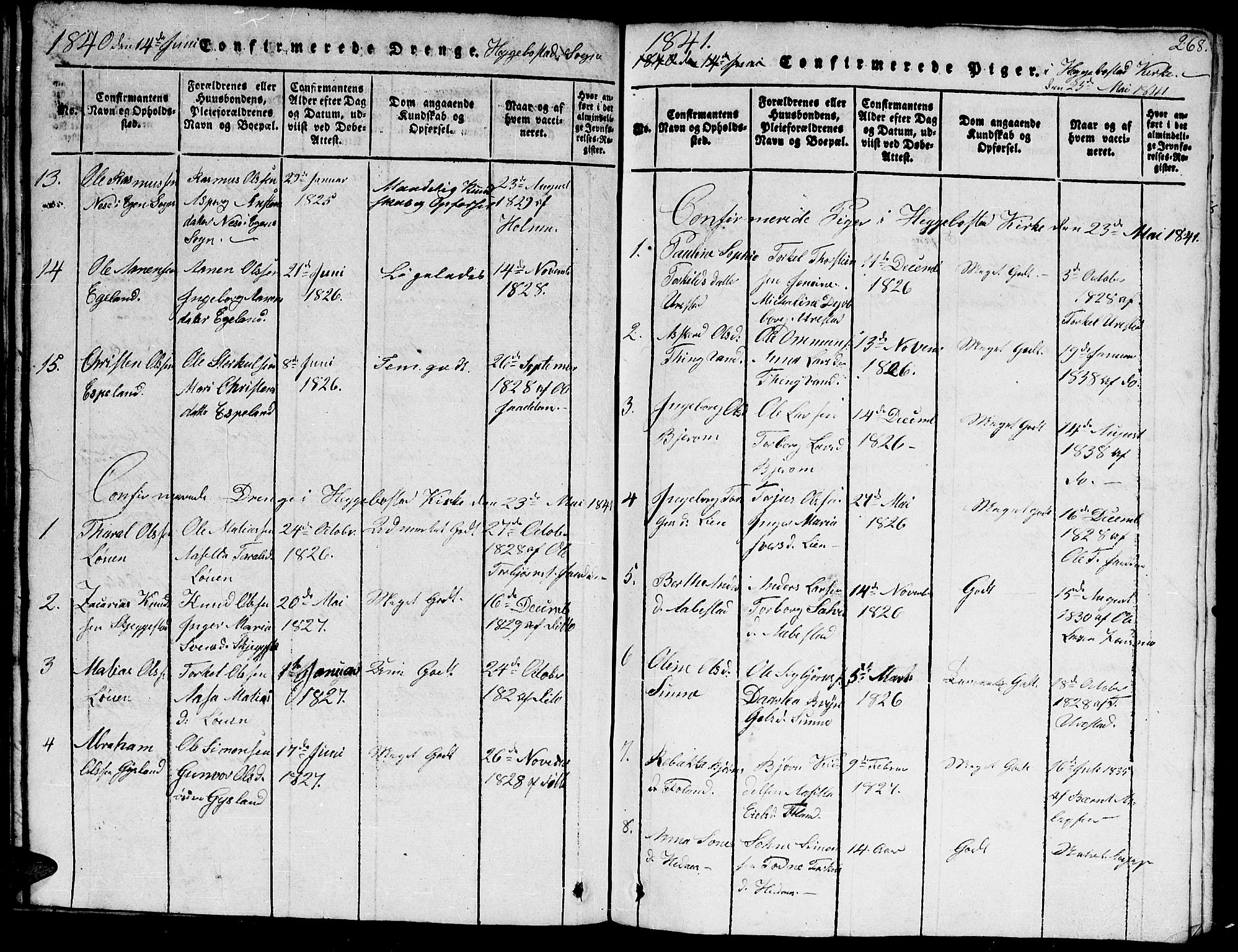 Hægebostad sokneprestkontor, AV/SAK-1111-0024/F/Fb/Fba/L0001: Parish register (copy) no. B 1, 1815-1844, p. 268