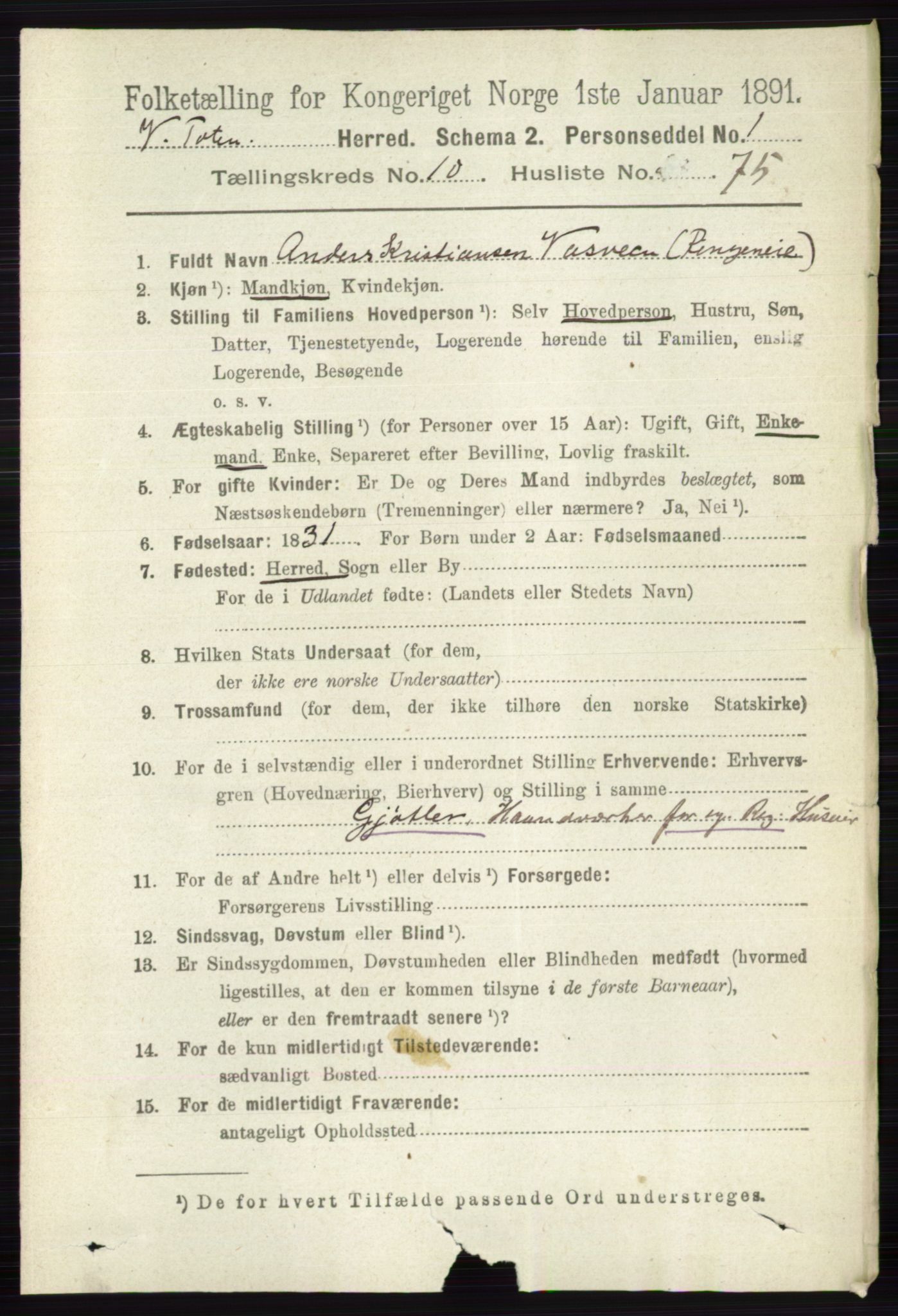 RA, 1891 census for 0529 Vestre Toten, 1891, p. 6616