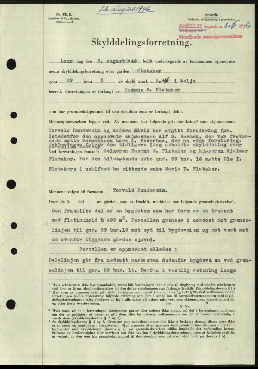 Nordfjord sorenskriveri, AV/SAB-A-2801/02/02b/02bj/L0011: Mortgage book no. A11, 1946-1947, Diary no: : 805/1946