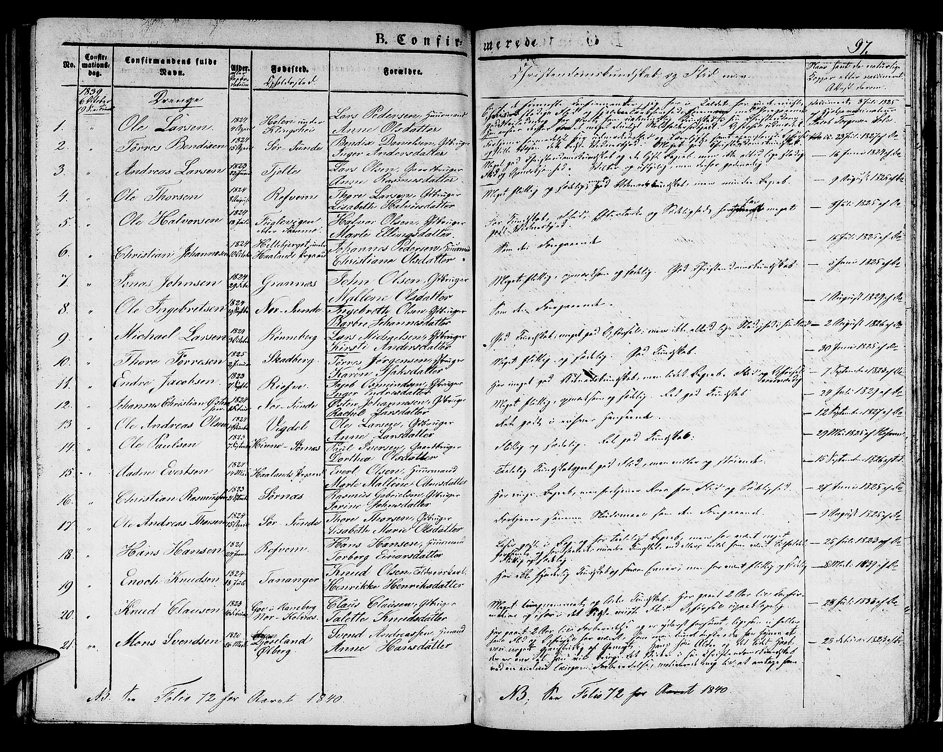 Håland sokneprestkontor, SAST/A-101802/001/30BA/L0005: Parish register (official) no. A 5, 1829-1841, p. 97