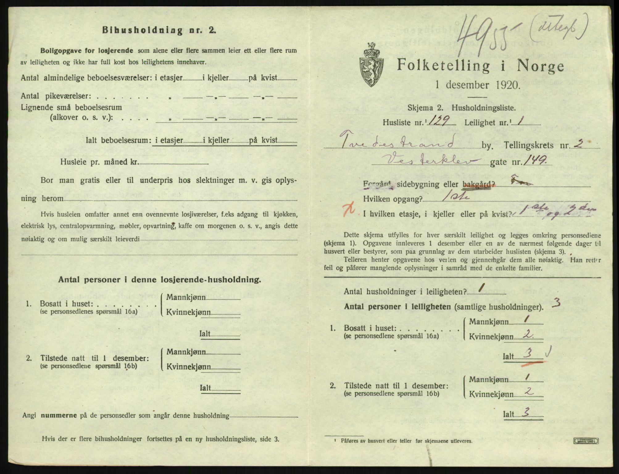 SAK, 1920 census for Tvedestrand, 1920, p. 1267