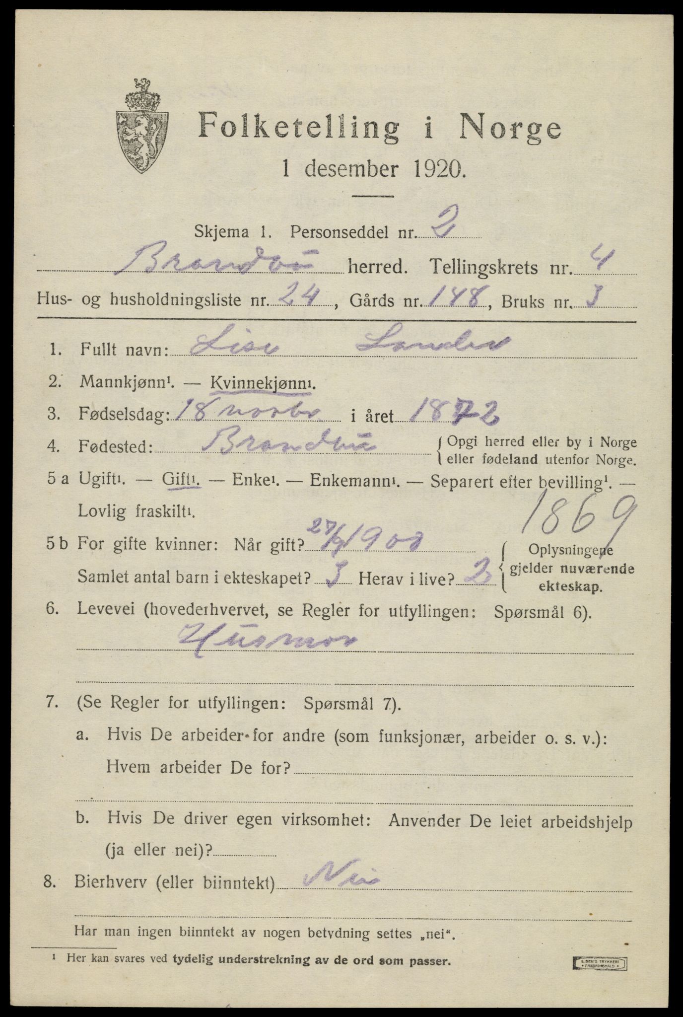 SAH, 1920 census for Brandbu, 1920, p. 10885