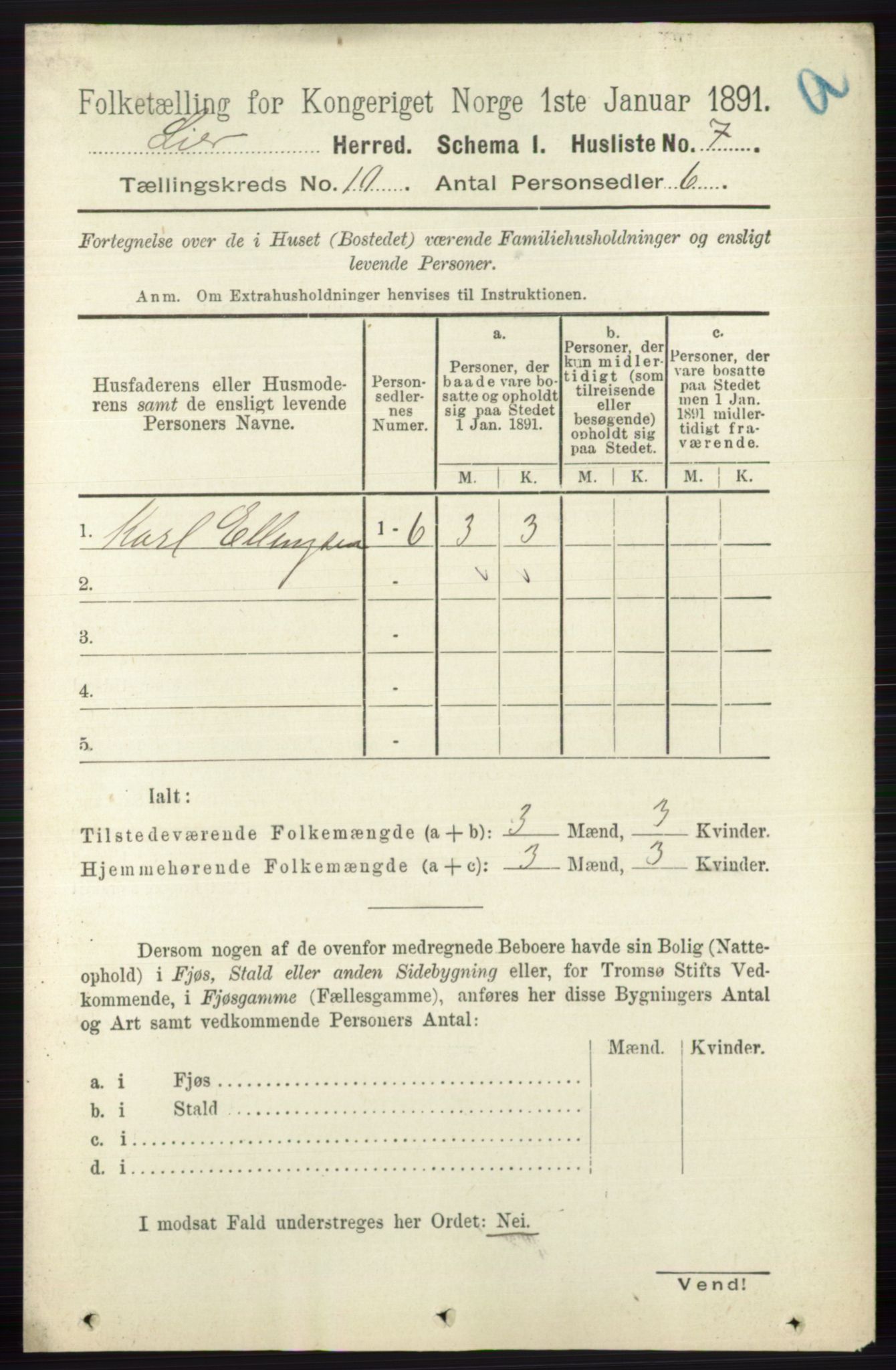 RA, 1891 census for 0626 Lier, 1891, p. 6190