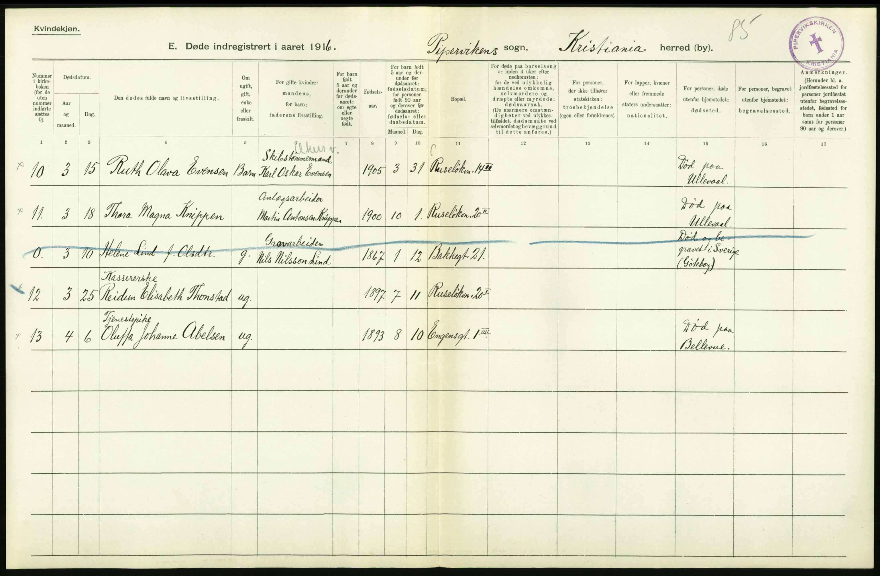 Statistisk sentralbyrå, Sosiodemografiske emner, Befolkning, AV/RA-S-2228/D/Df/Dfb/Dfbf/L0009: Kristiania: Døde., 1916, p. 506