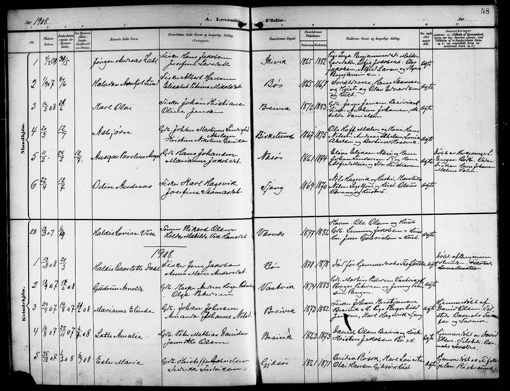 Ministerialprotokoller, klokkerbøker og fødselsregistre - Nordland, AV/SAT-A-1459/841/L0621: Parish register (copy) no. 841C05, 1897-1923, p. 58