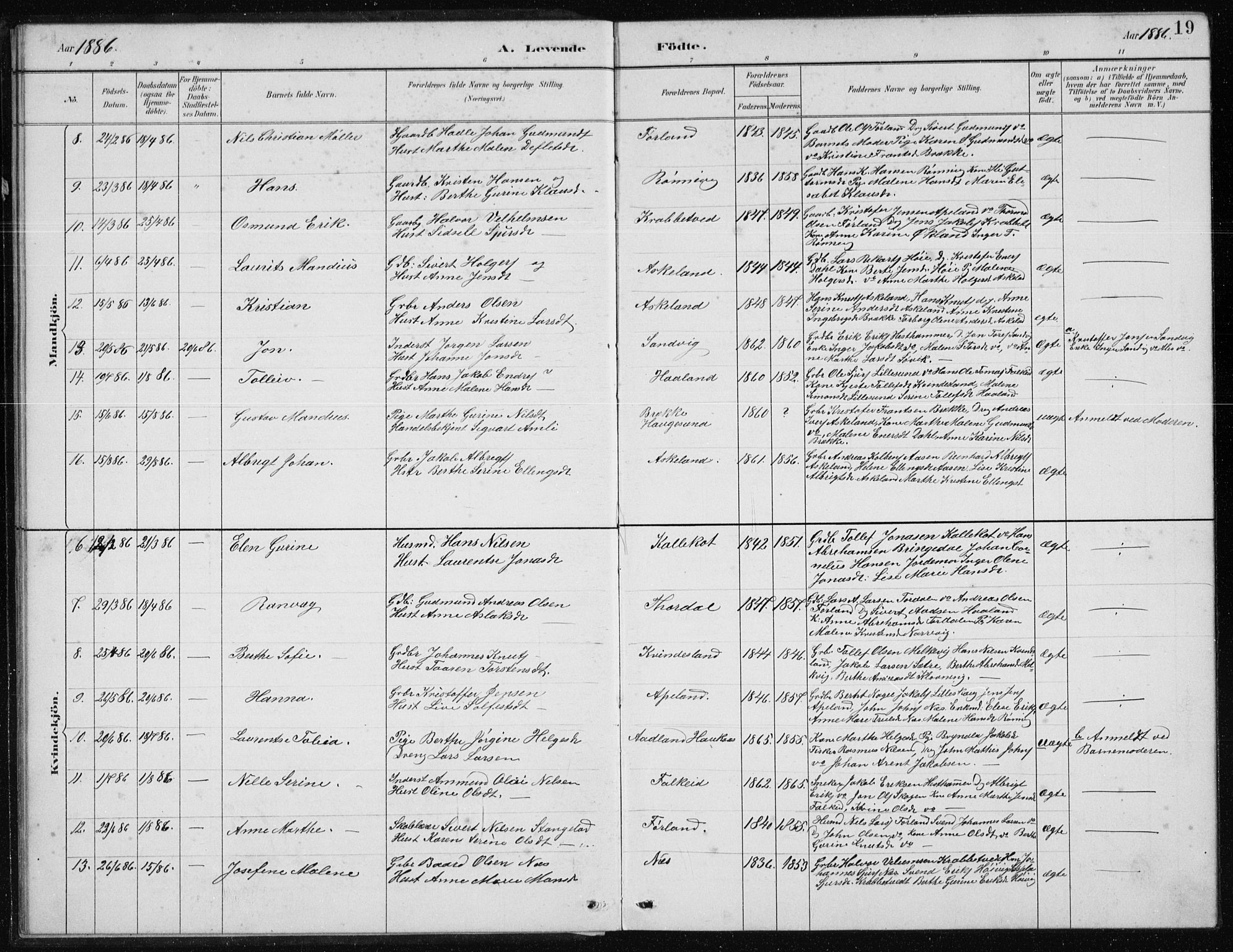 Tysvær sokneprestkontor, SAST/A -101864/H/Ha/Hab/L0004: Parish register (copy) no. B 4, 1883-1896, p. 19