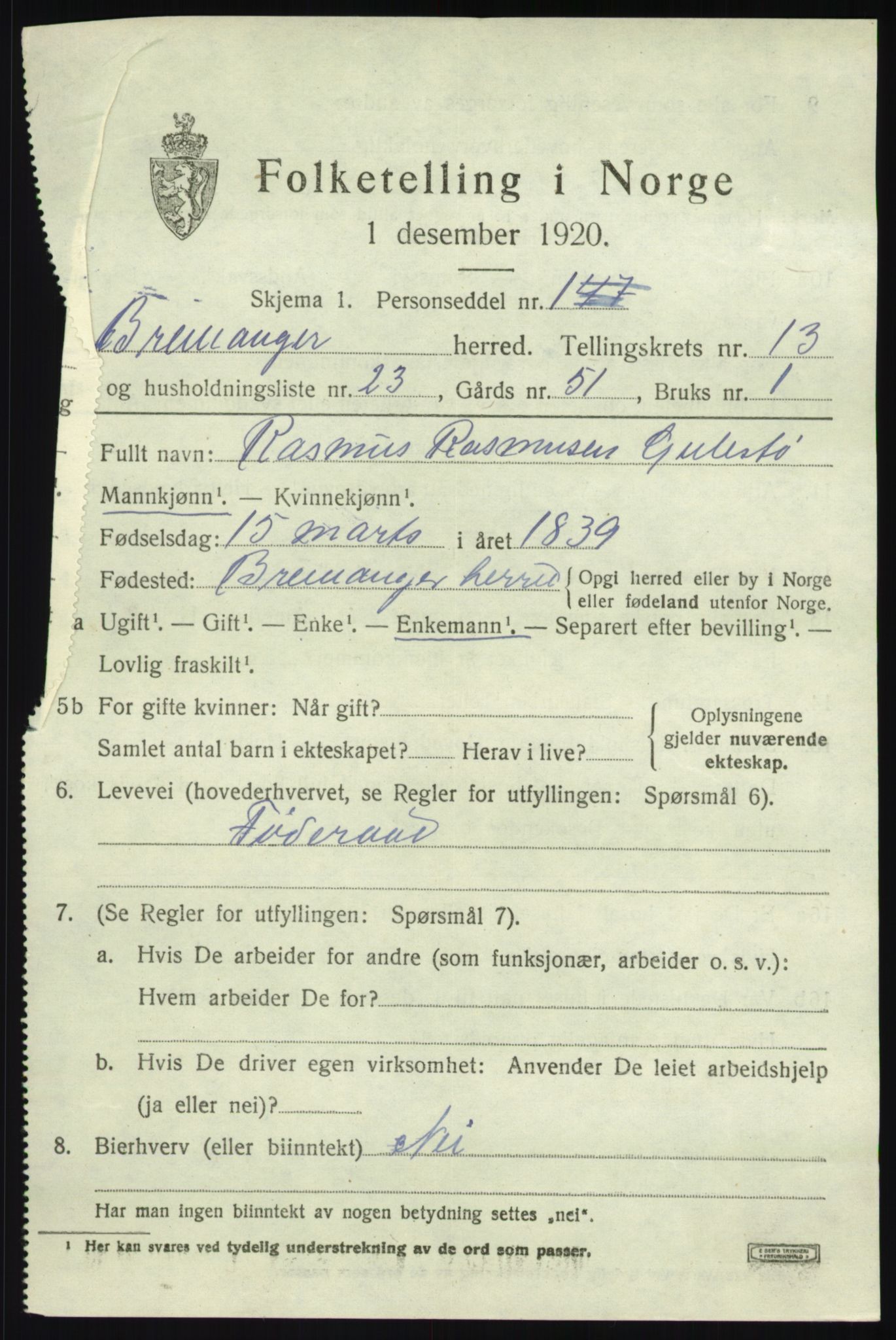 SAB, 1920 census for Bremanger, 1920, p. 7048