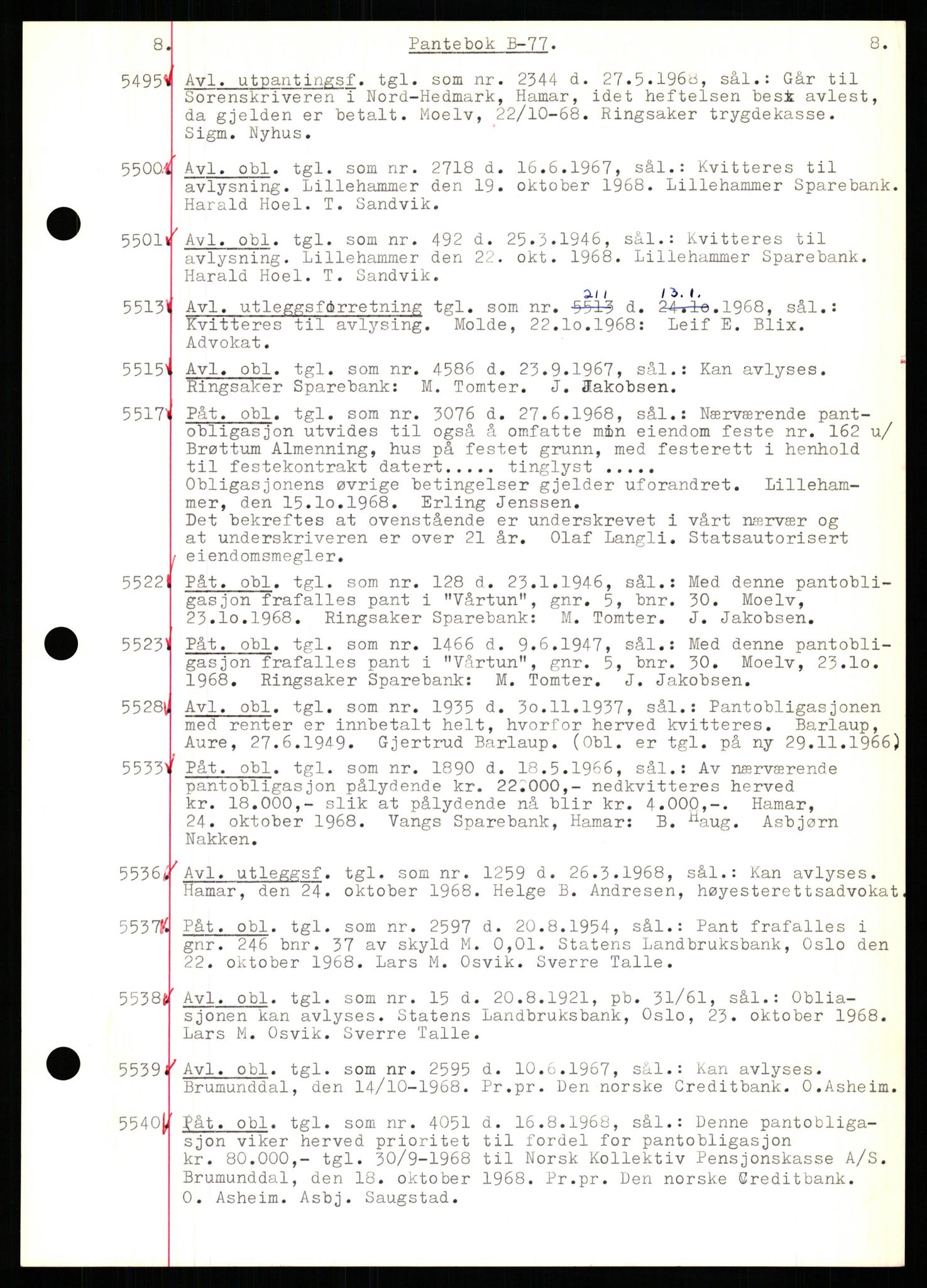Nord-Hedmark sorenskriveri, SAH/TING-012/H/Hb/Hbf/L0077: Mortgage book no. B77, 1968-1969, Diary no: : 5495/1968