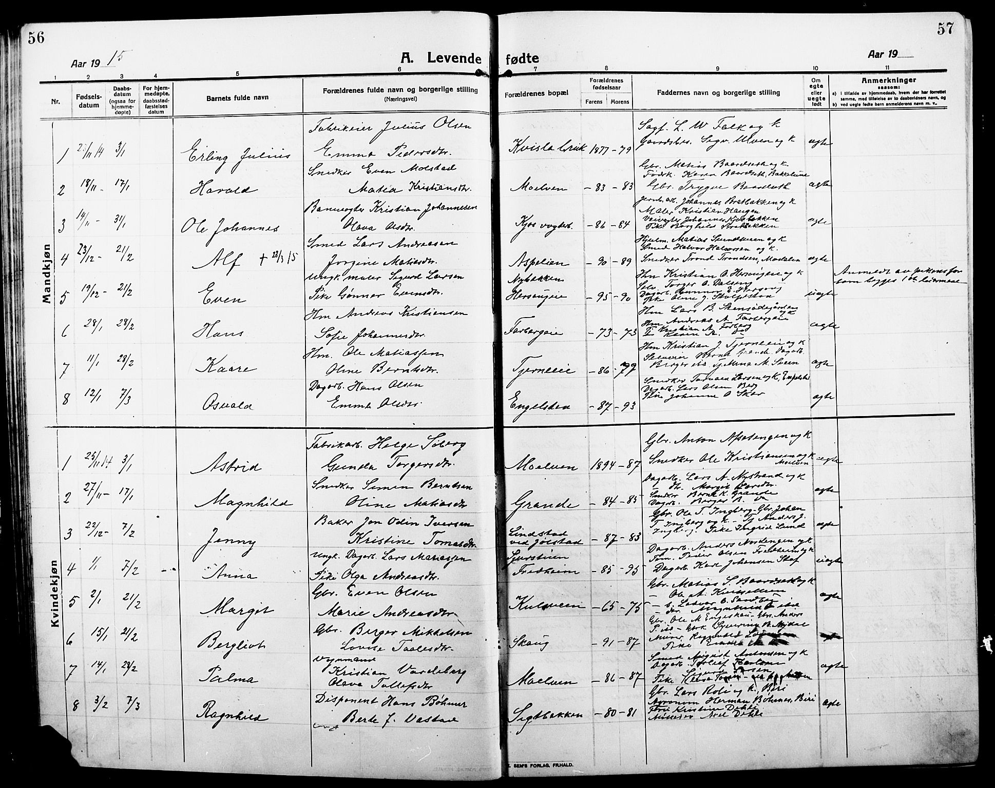 Ringsaker prestekontor, SAH/PREST-014/L/La/L0018: Parish register (copy) no. 18, 1913-1922, p. 56-57