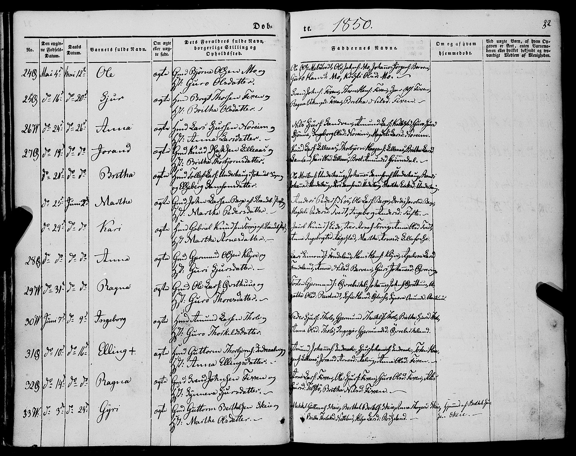 Kvam sokneprestembete, AV/SAB-A-76201/H/Haa: Parish register (official) no. A 8, 1844-1863, p. 32