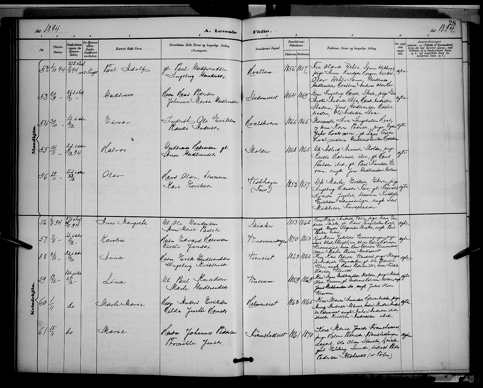 Gran prestekontor, AV/SAH-PREST-112/H/Ha/Hab/L0005: Parish register (copy) no. 5, 1892-1900, p. 28