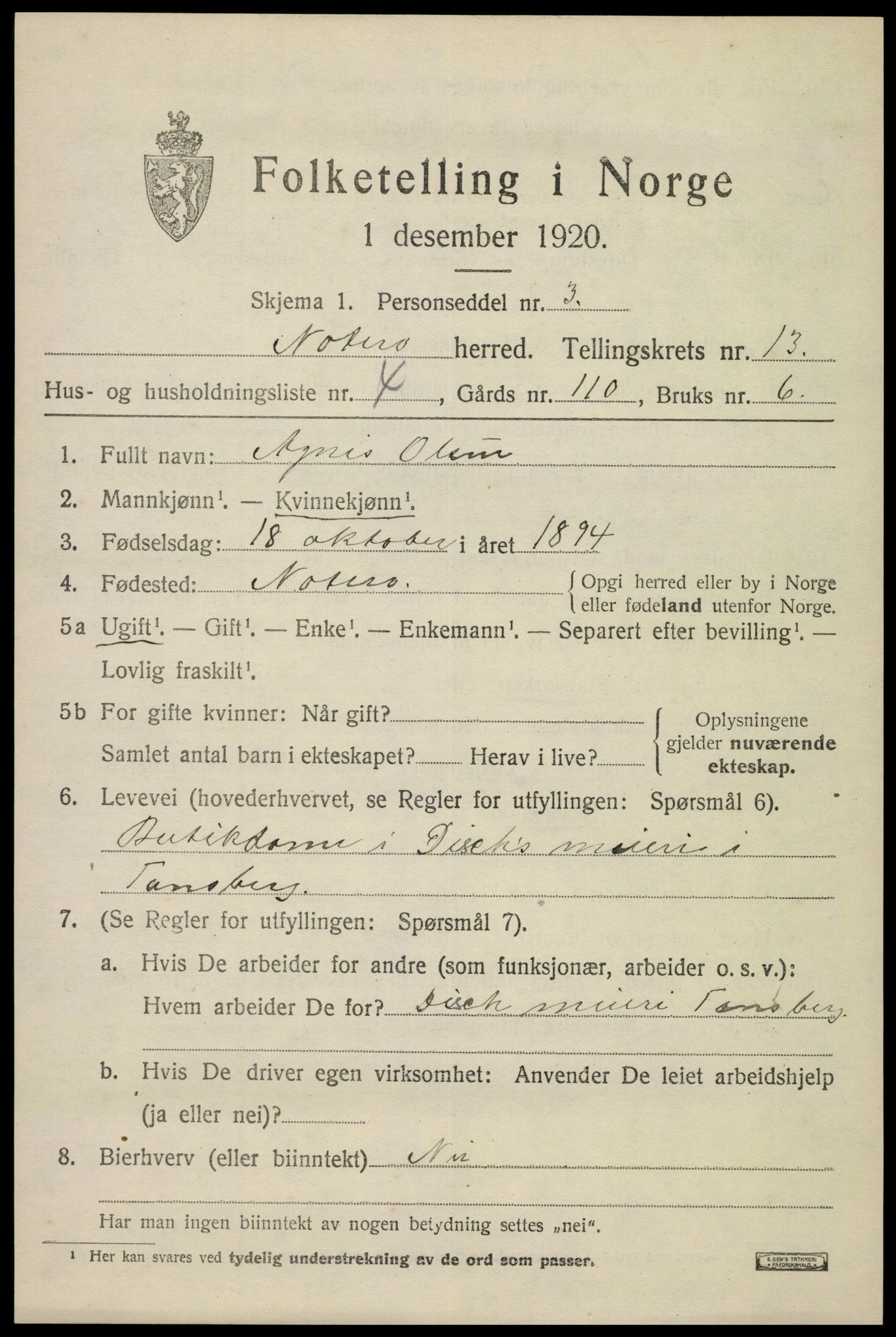 SAKO, 1920 census for Nøtterøy, 1920, p. 15203