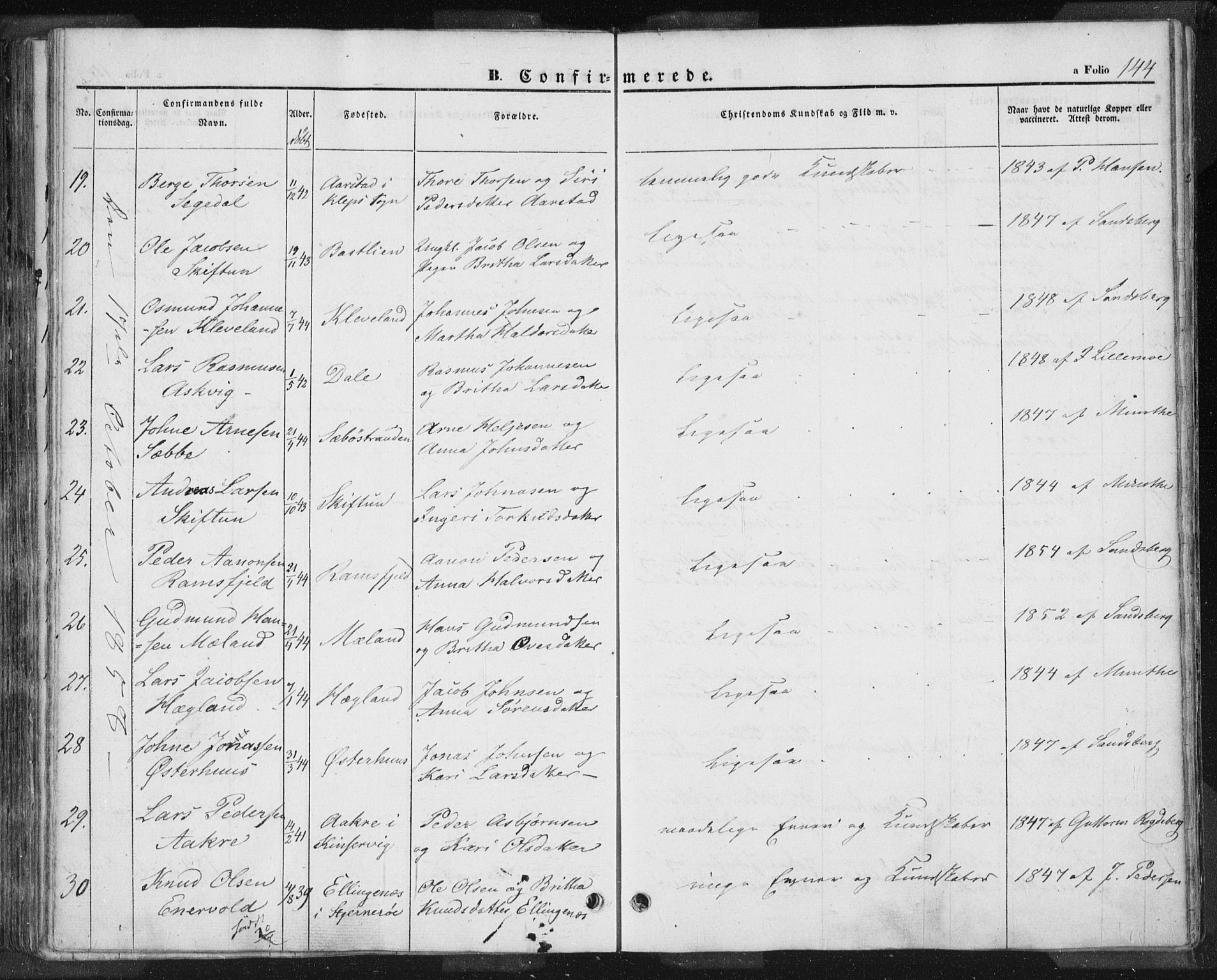 Hjelmeland sokneprestkontor, AV/SAST-A-101843/01/IV/L0009: Parish register (official) no. A 9, 1846-1860, p. 144