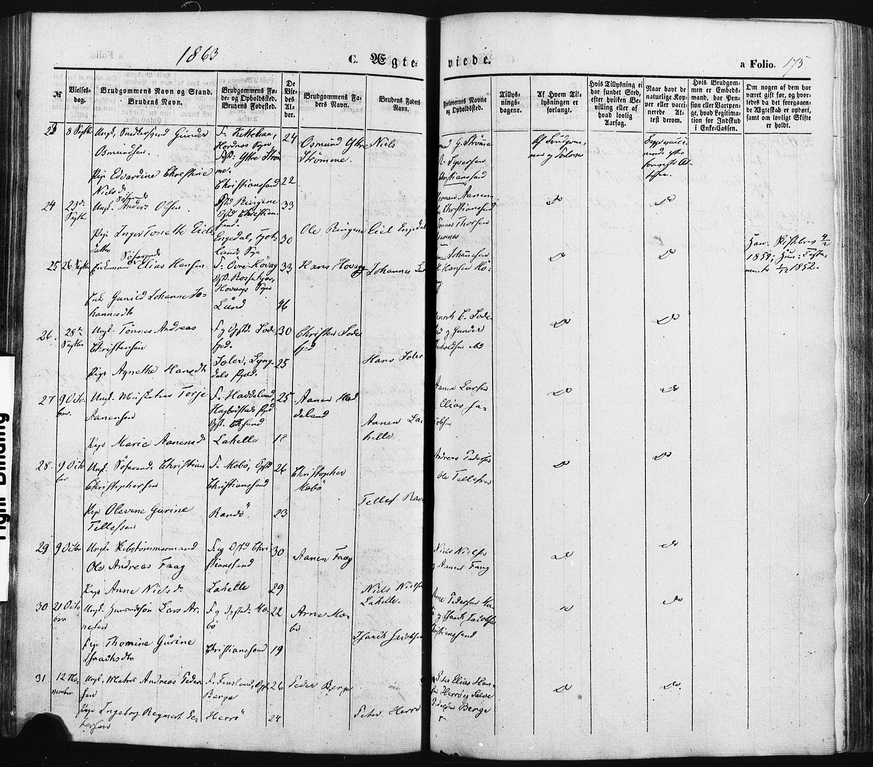 Oddernes sokneprestkontor, AV/SAK-1111-0033/F/Fa/Faa/L0007: Parish register (official) no. A 7, 1851-1863, p. 175