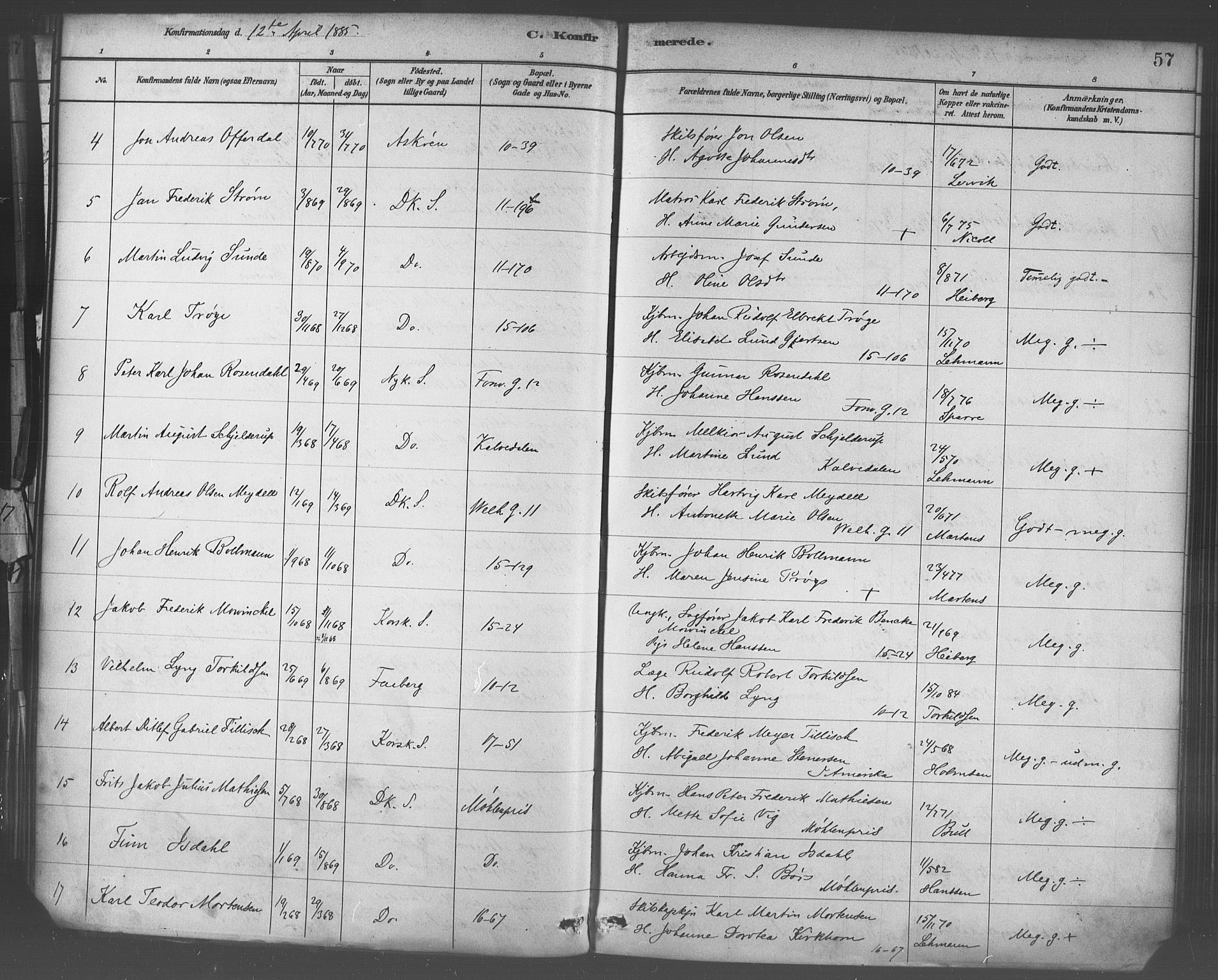 Domkirken sokneprestembete, SAB/A-74801/H/Haa/L0030: Parish register (official) no. C 5, 1880-1898, p. 57