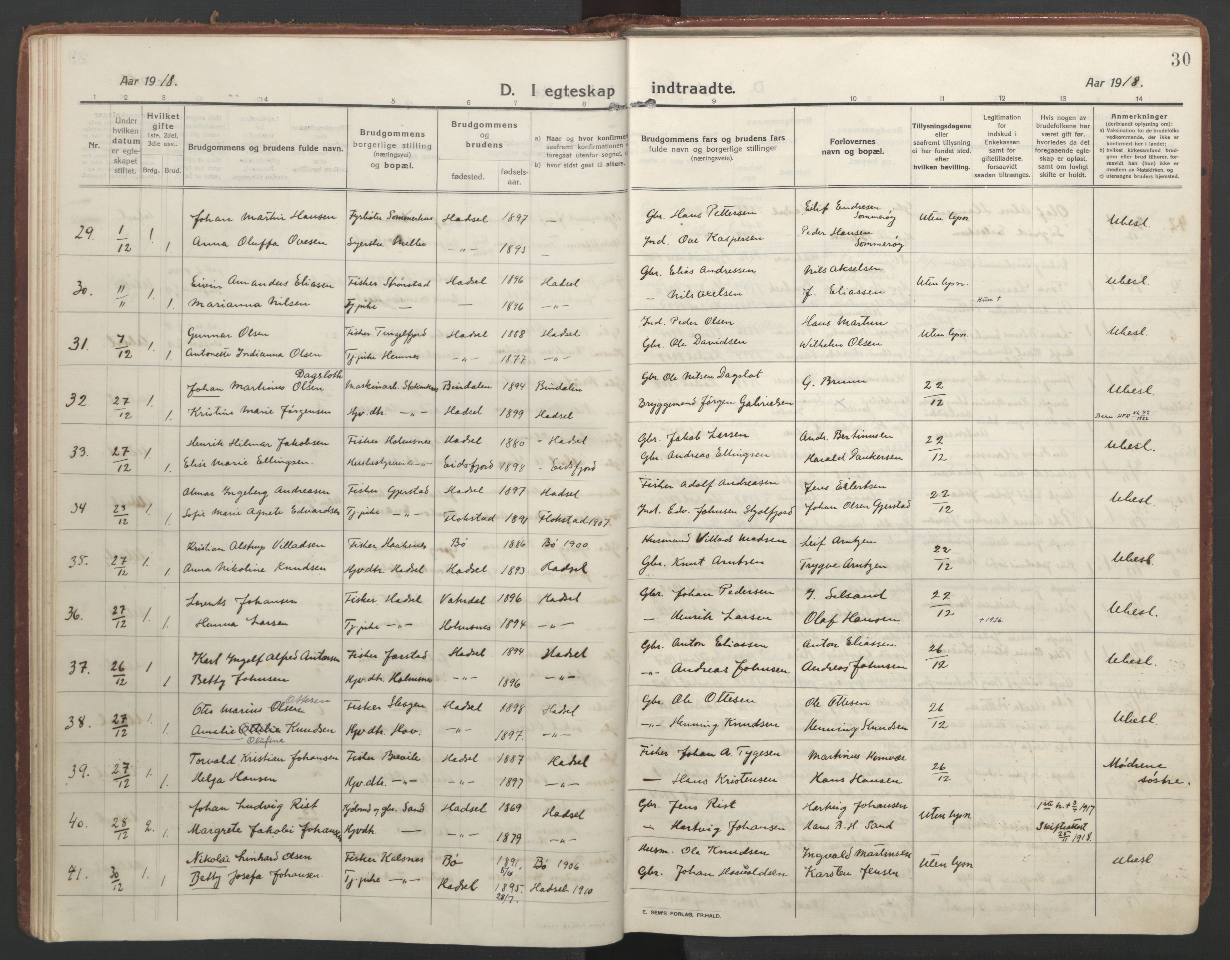 Ministerialprotokoller, klokkerbøker og fødselsregistre - Nordland, AV/SAT-A-1459/888/L1251: Parish register (official) no. 888A17, 1913-1925, p. 30