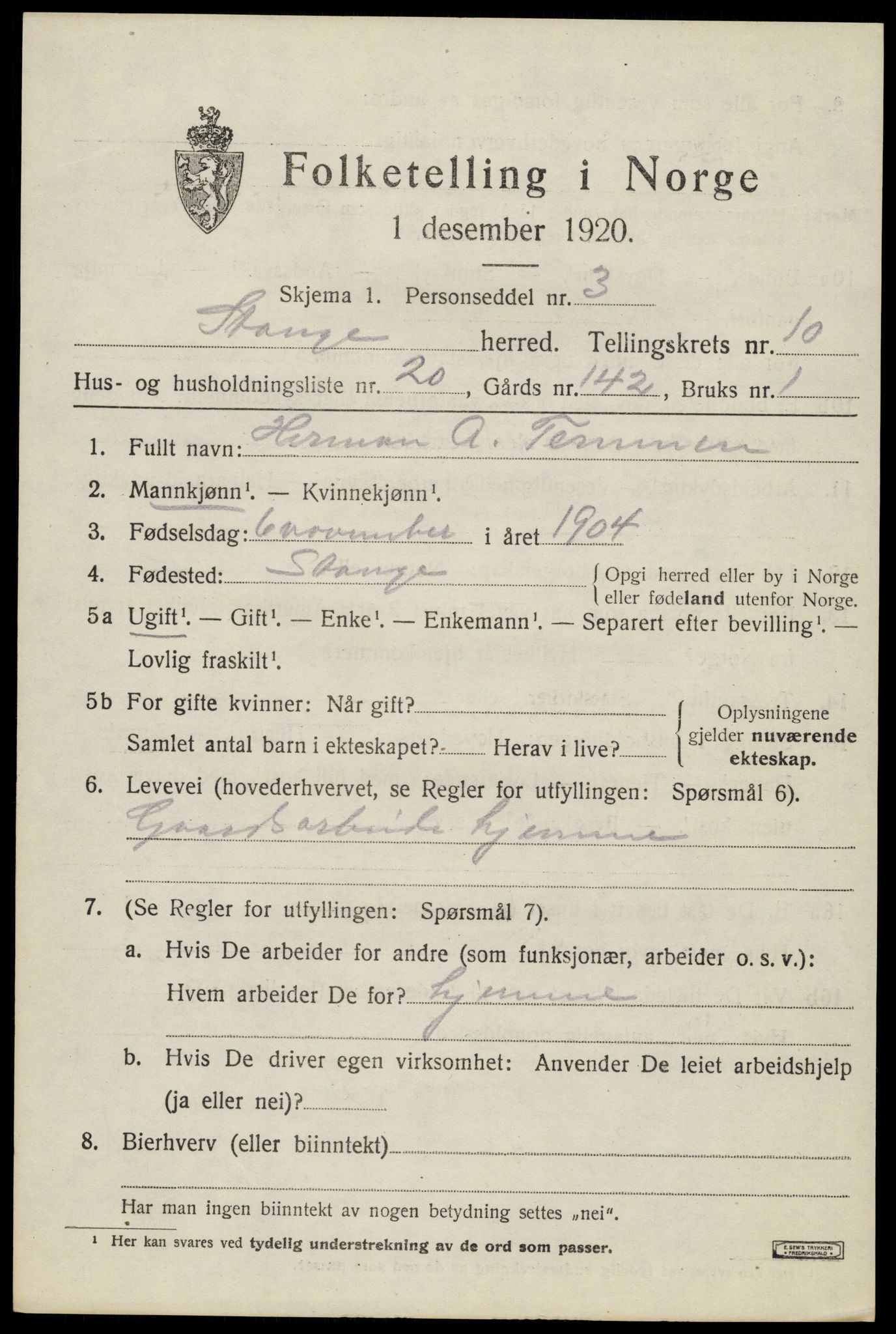 SAH, 1920 census for Stange, 1920, p. 16077
