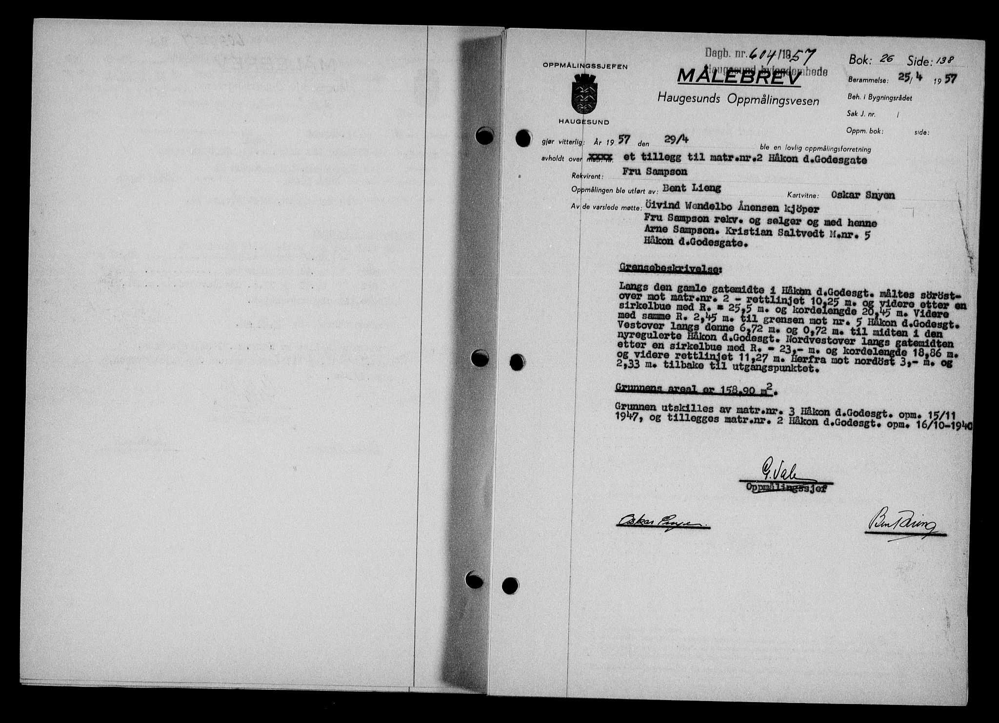 Haugesund tingrett, SAST/A-101415/01/II/IIC/L0068: Mortgage book no. A 9, 1956-1958, Diary no: : 604/1957