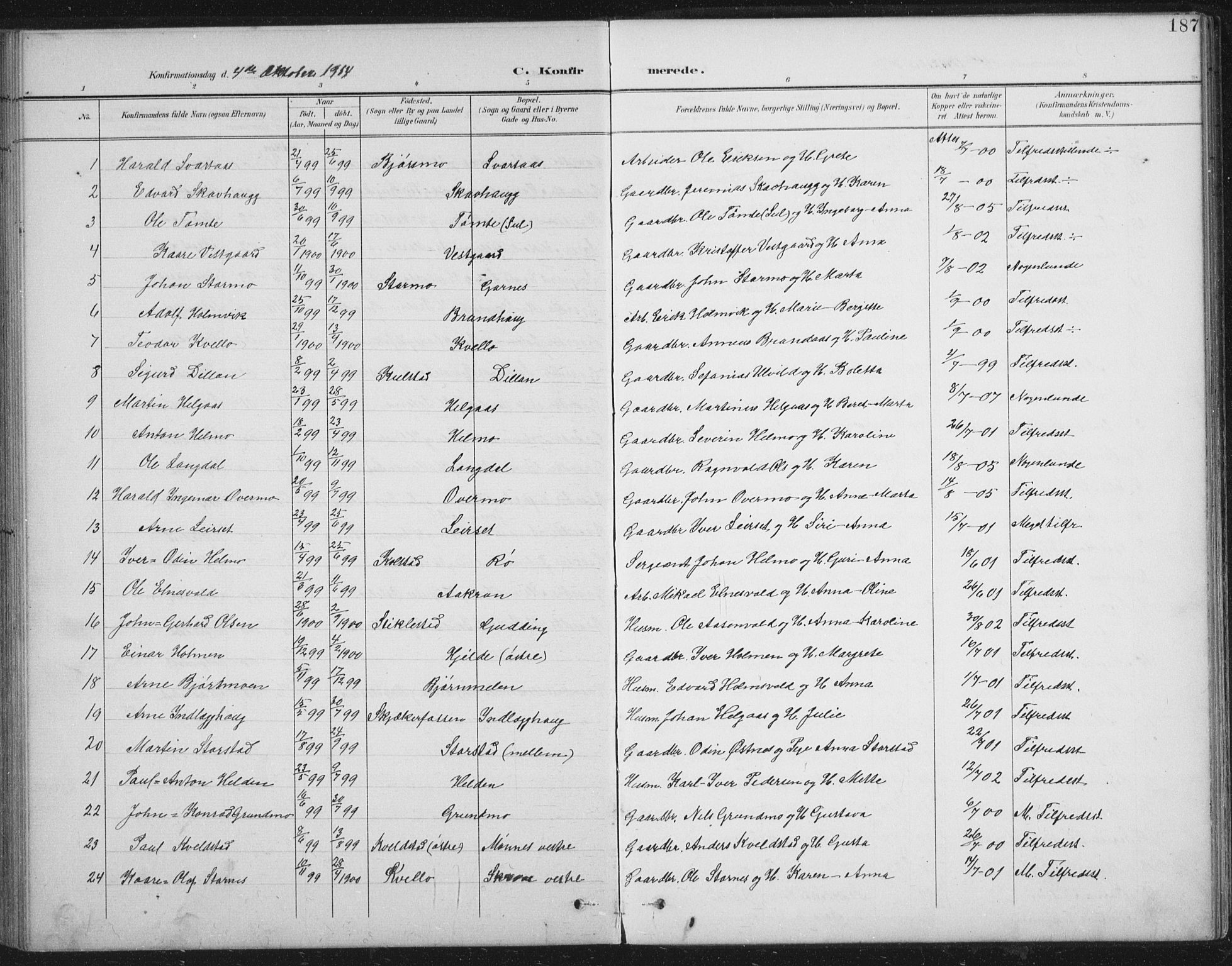 Ministerialprotokoller, klokkerbøker og fødselsregistre - Nord-Trøndelag, SAT/A-1458/724/L0269: Parish register (copy) no. 724C05, 1899-1920, p. 187