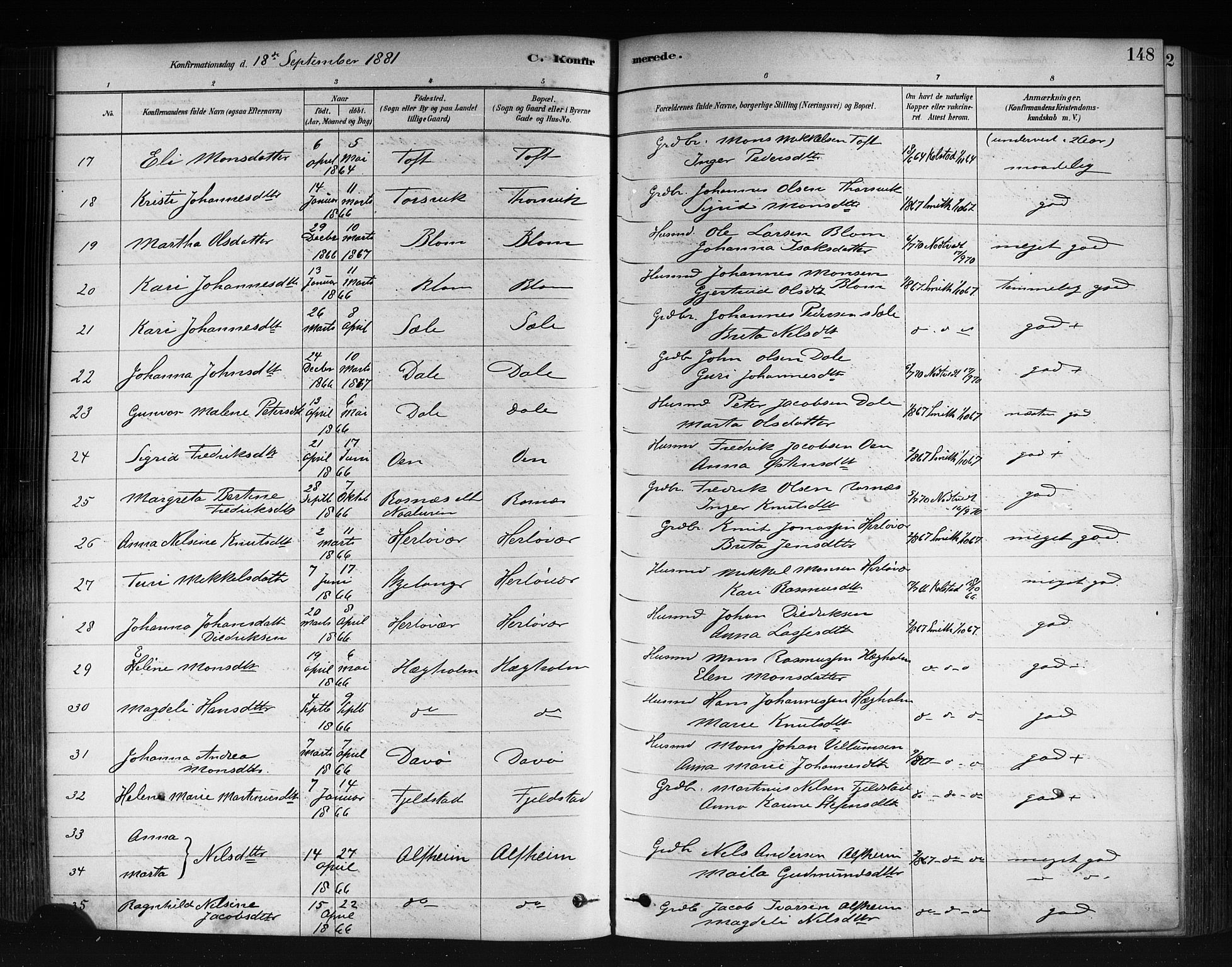 Herdla Sokneprestembete, AV/SAB-A-75701/H/Haa: Parish register (official) no. A 3, 1878-1890, p. 148