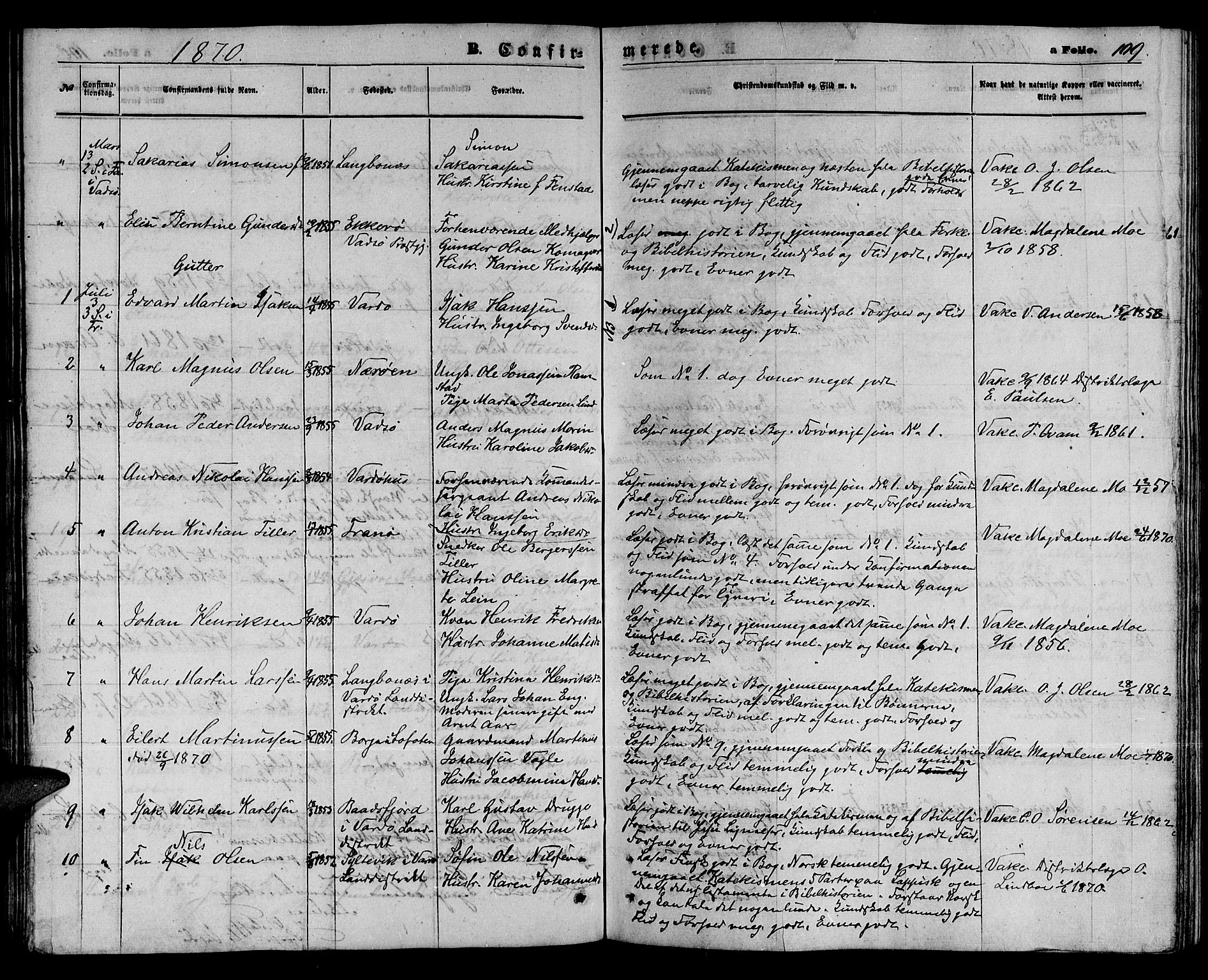 Vardø sokneprestkontor, SATØ/S-1332/H/Hb/L0002klokker: Parish register (copy) no. 2, 1861-1870, p. 109