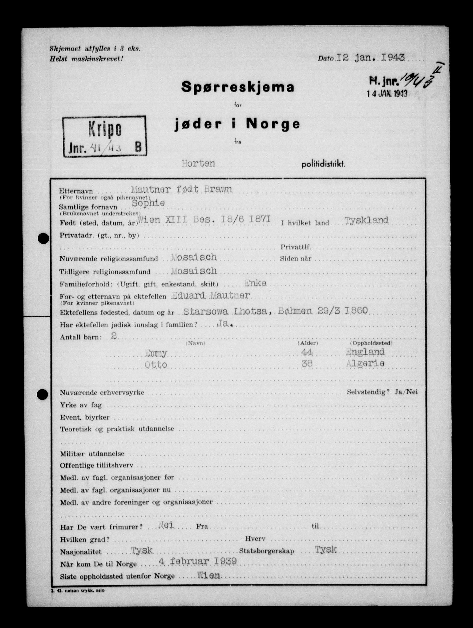 Statspolitiet - Hovedkontoret / Osloavdelingen, AV/RA-S-1329/G/Ga/L0012: Spørreskjema for jøder i Norge. 1: Aker 114- 207 (Levinson-Wozak) og 656 (Salomon). 2: Arendal-Hordaland. 3: Horten-Romerike.  , 1942, p. 635