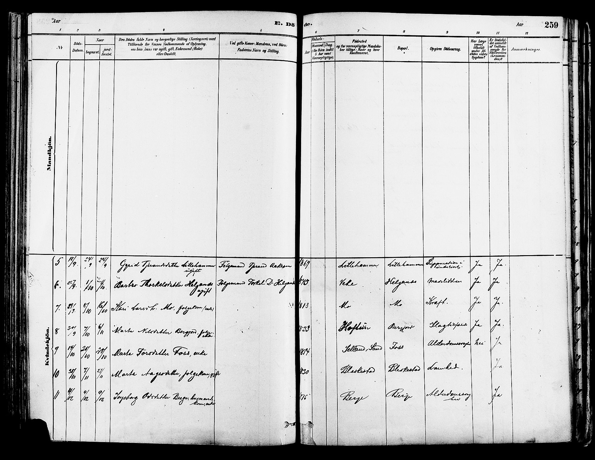 Suldal sokneprestkontor, AV/SAST-A-101845/01/IV/L0011: Parish register (official) no. A 11, 1878-1900, p. 259