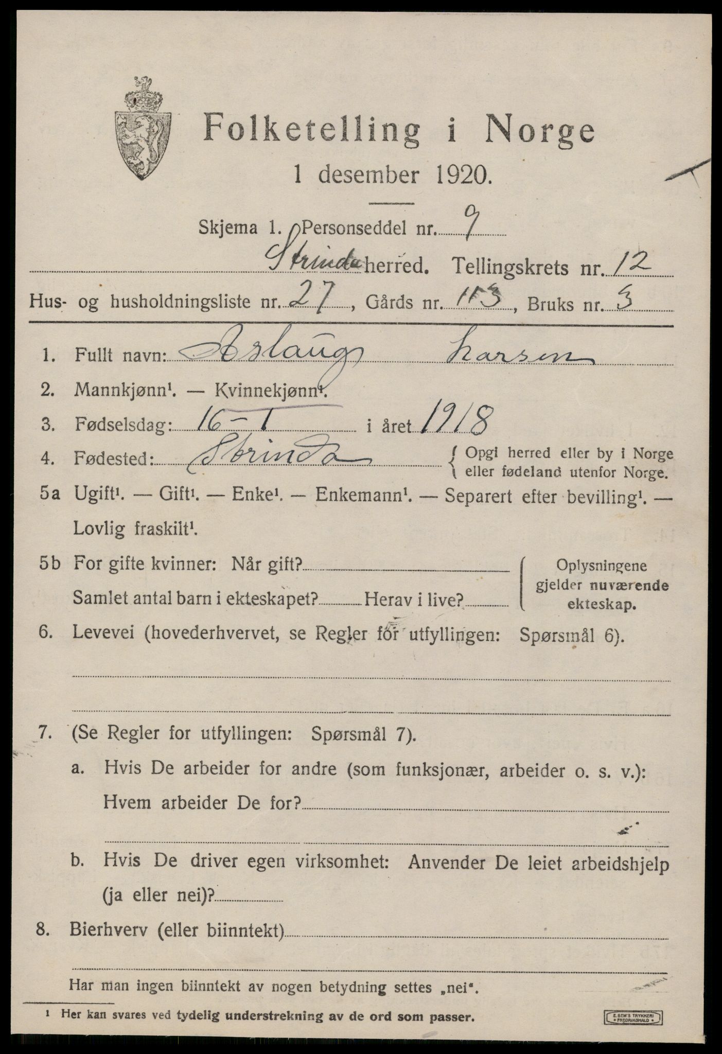 SAT, 1920 census for Strinda, 1920, p. 26492