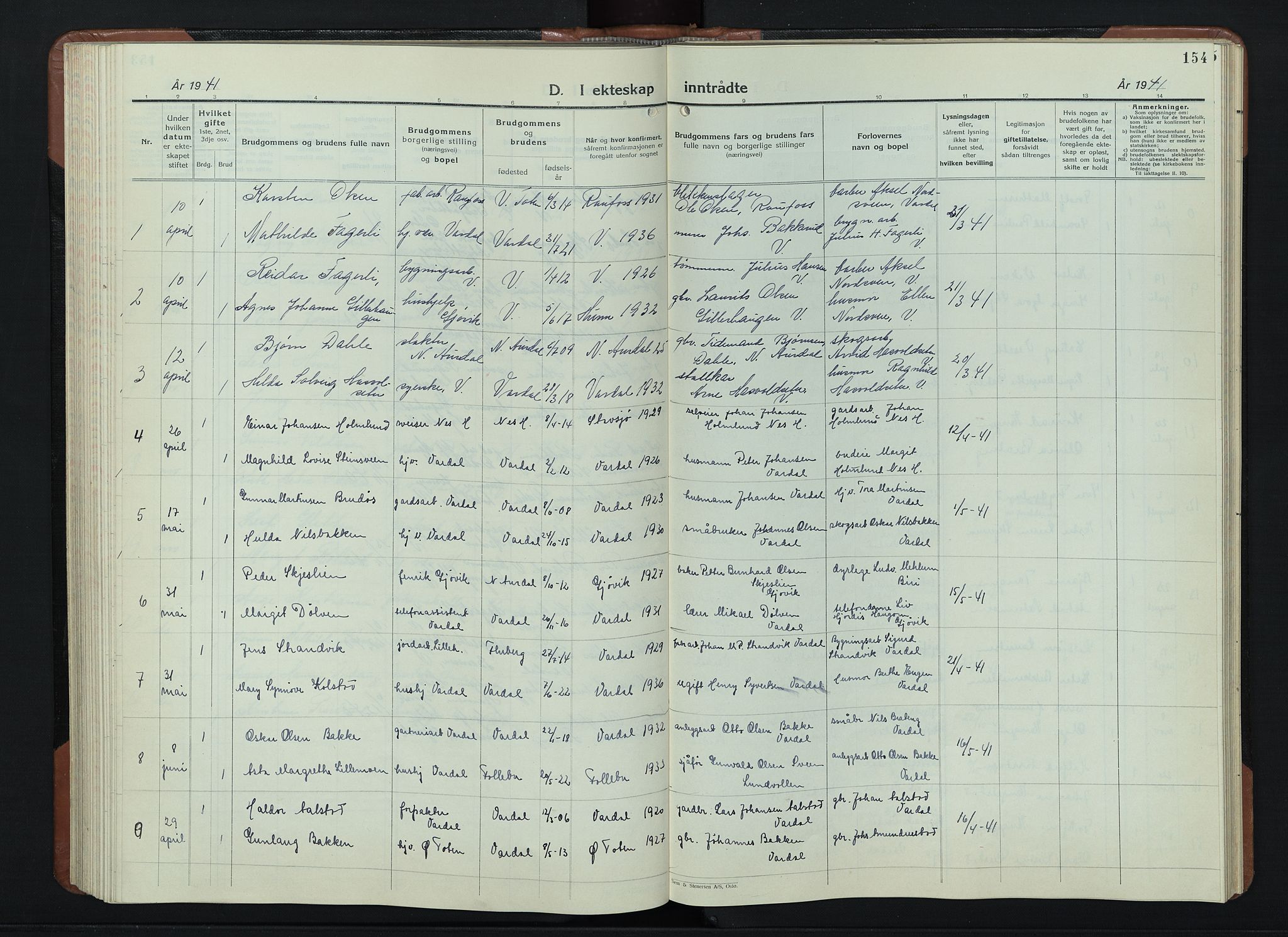 Vardal prestekontor, AV/SAH-PREST-100/H/Ha/Hab/L0018: Parish register (copy) no. 18, 1931-1951, p. 154