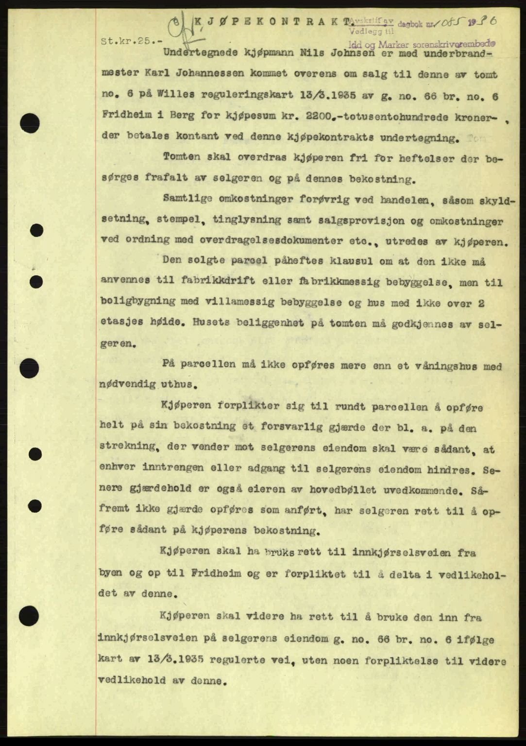 Idd og Marker sorenskriveri, AV/SAO-A-10283/G/Gb/Gbb/L0001: Mortgage book no. A1, 1936-1937, Diary no: : 1085/1936