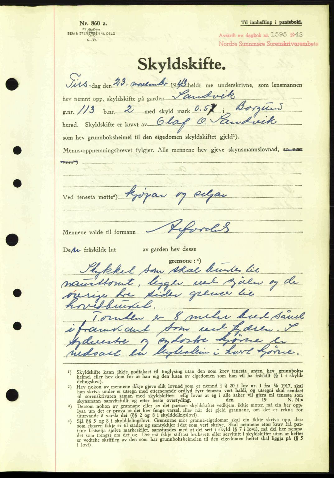 Nordre Sunnmøre sorenskriveri, AV/SAT-A-0006/1/2/2C/2Ca: Mortgage book no. A17, 1943-1944, Diary no: : 1595/1943