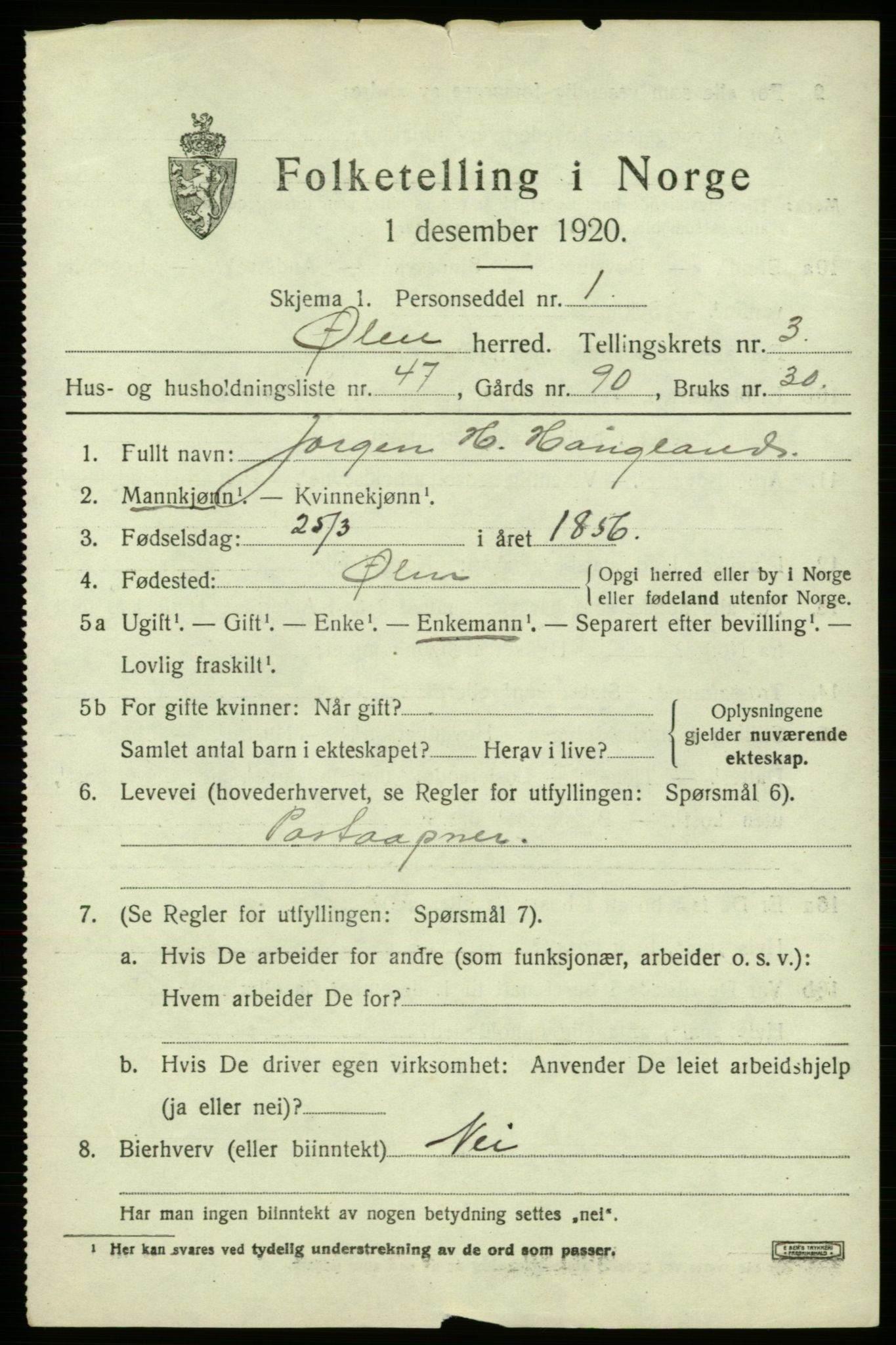 SAB, 1920 census for Ølen, 1920, p. 1901