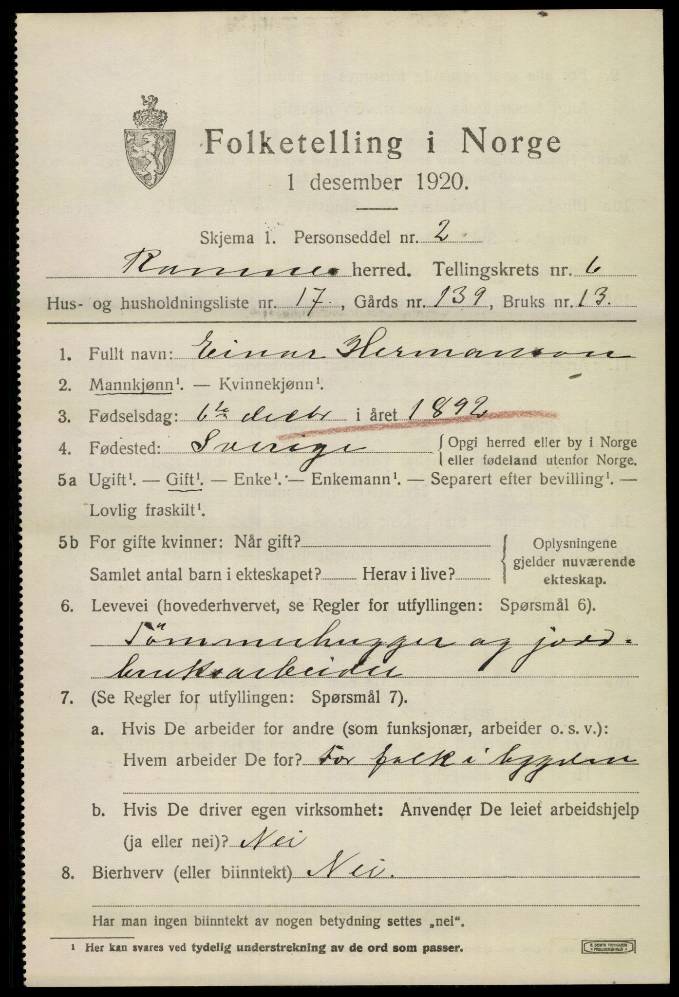 SAKO, 1920 census for Ramnes, 1920, p. 6348