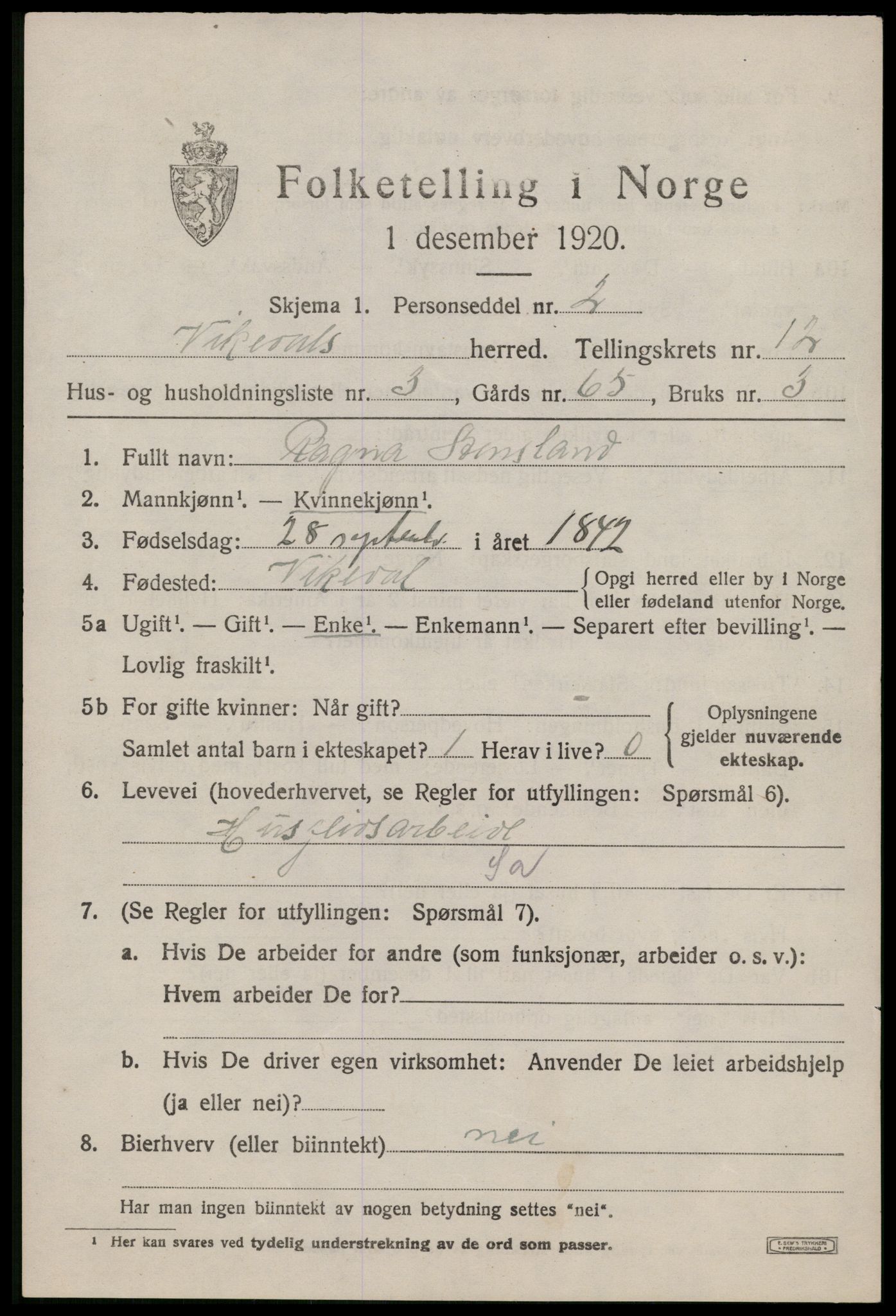 SAST, 1920 census for Vikedal, 1920, p. 3781