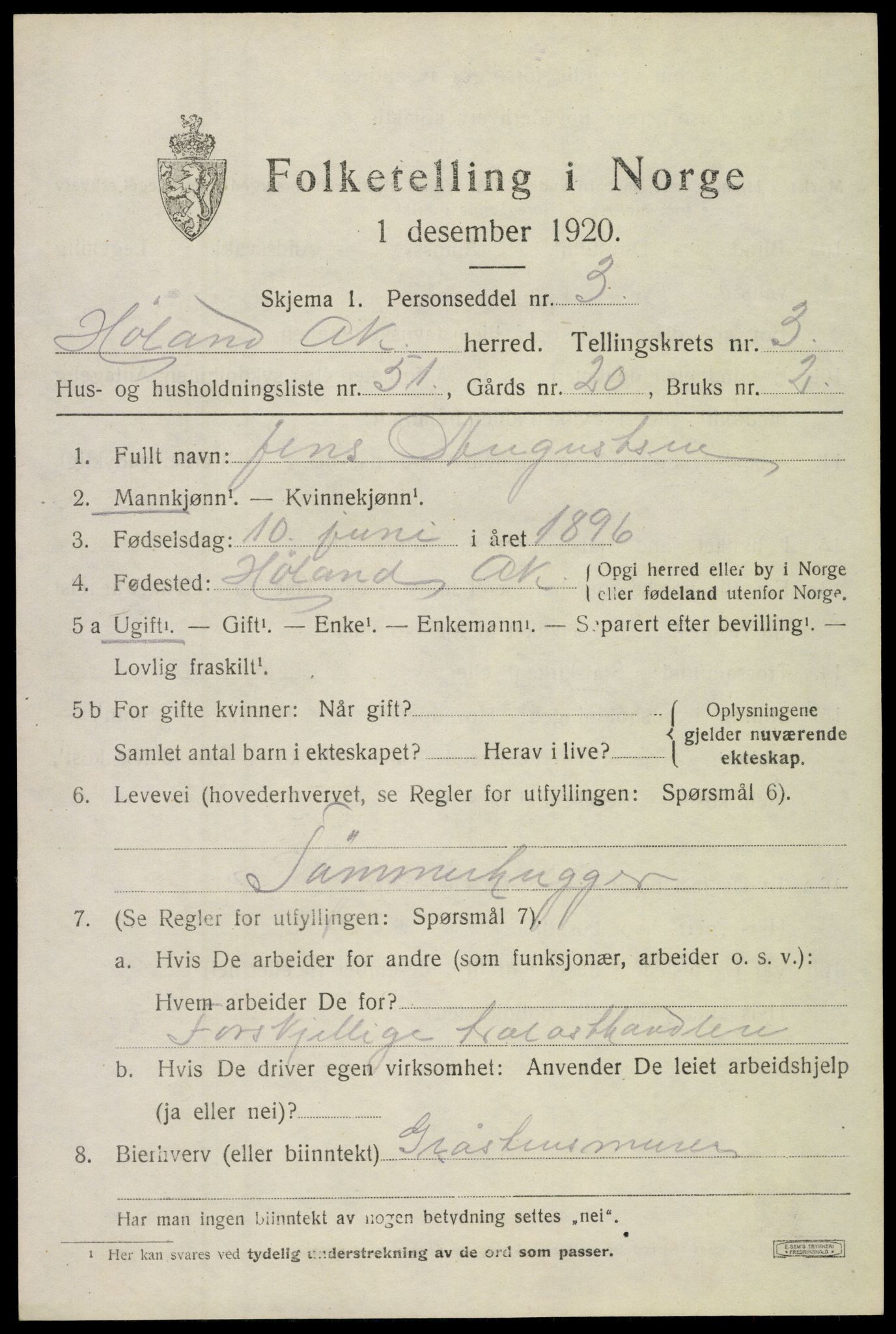 SAO, 1920 census for Høland, 1920, p. 5609