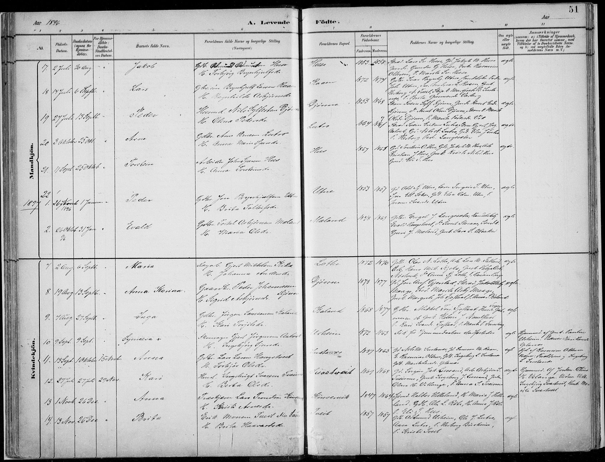 Ullensvang sokneprestembete, SAB/A-78701/H/Haa: Parish register (official) no. E  1, 1882-1921, p. 51