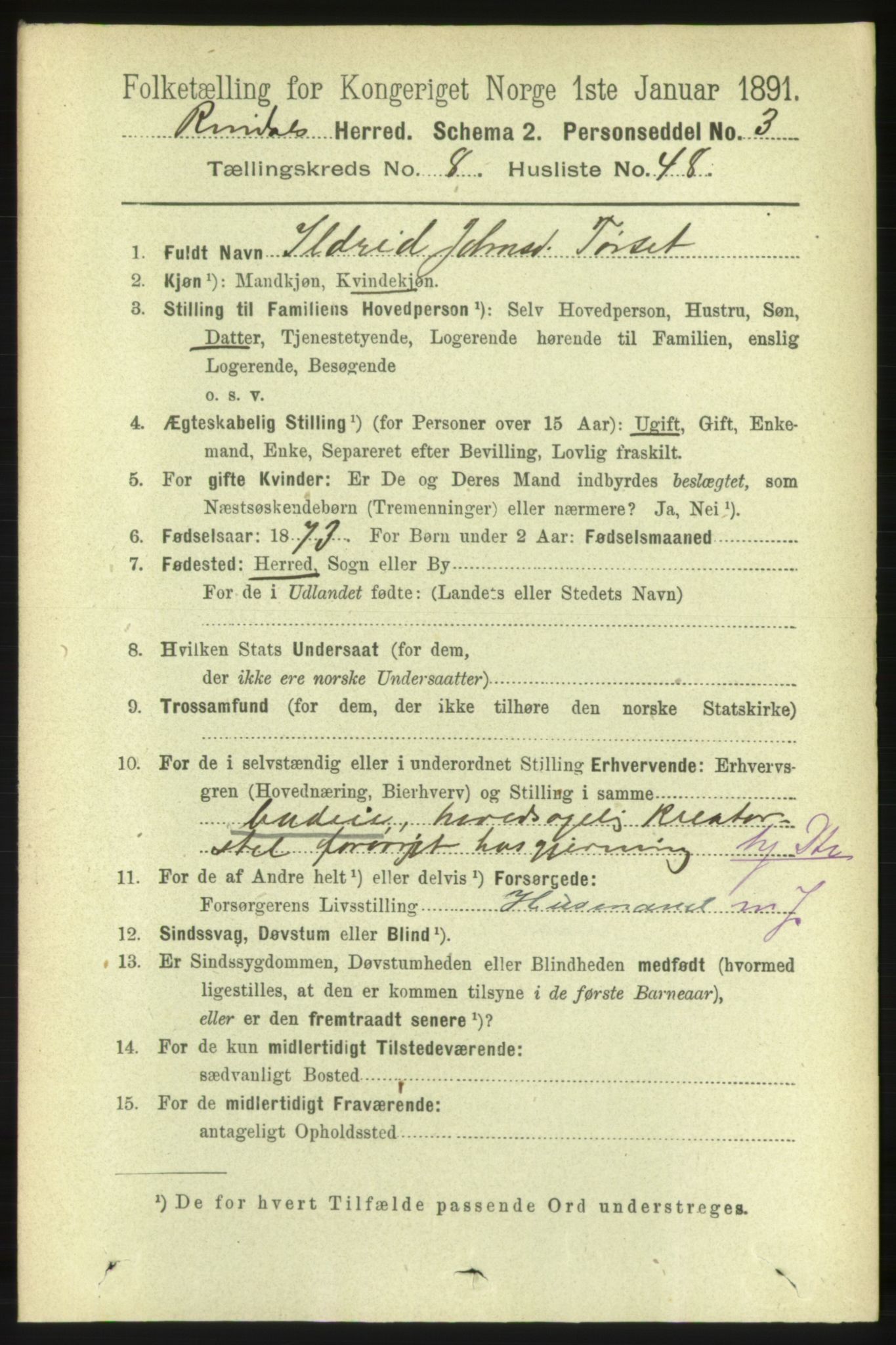 RA, 1891 census for 1567 Rindal, 1891, p. 2806