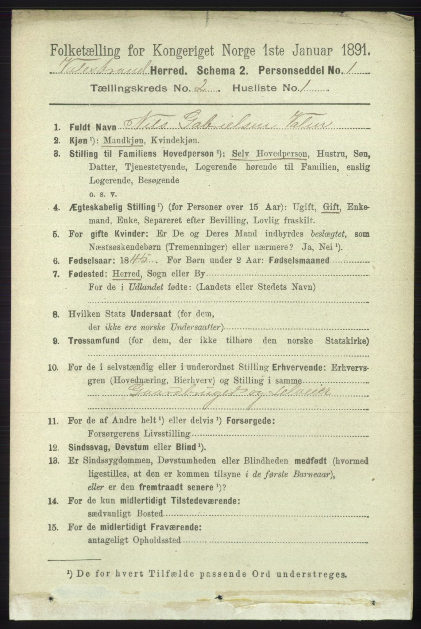 RA, 1891 census for 1217 Valestrand, 1891, p. 297