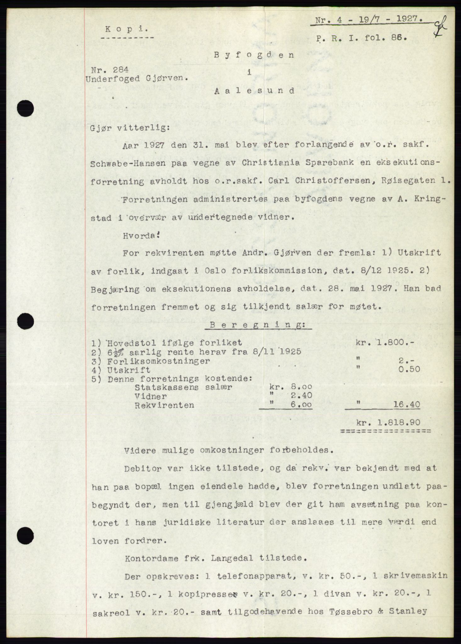 Ålesund byfogd, AV/SAT-A-4384: Mortgage book no. 22, 1927-1927, Deed date: 19.07.1927