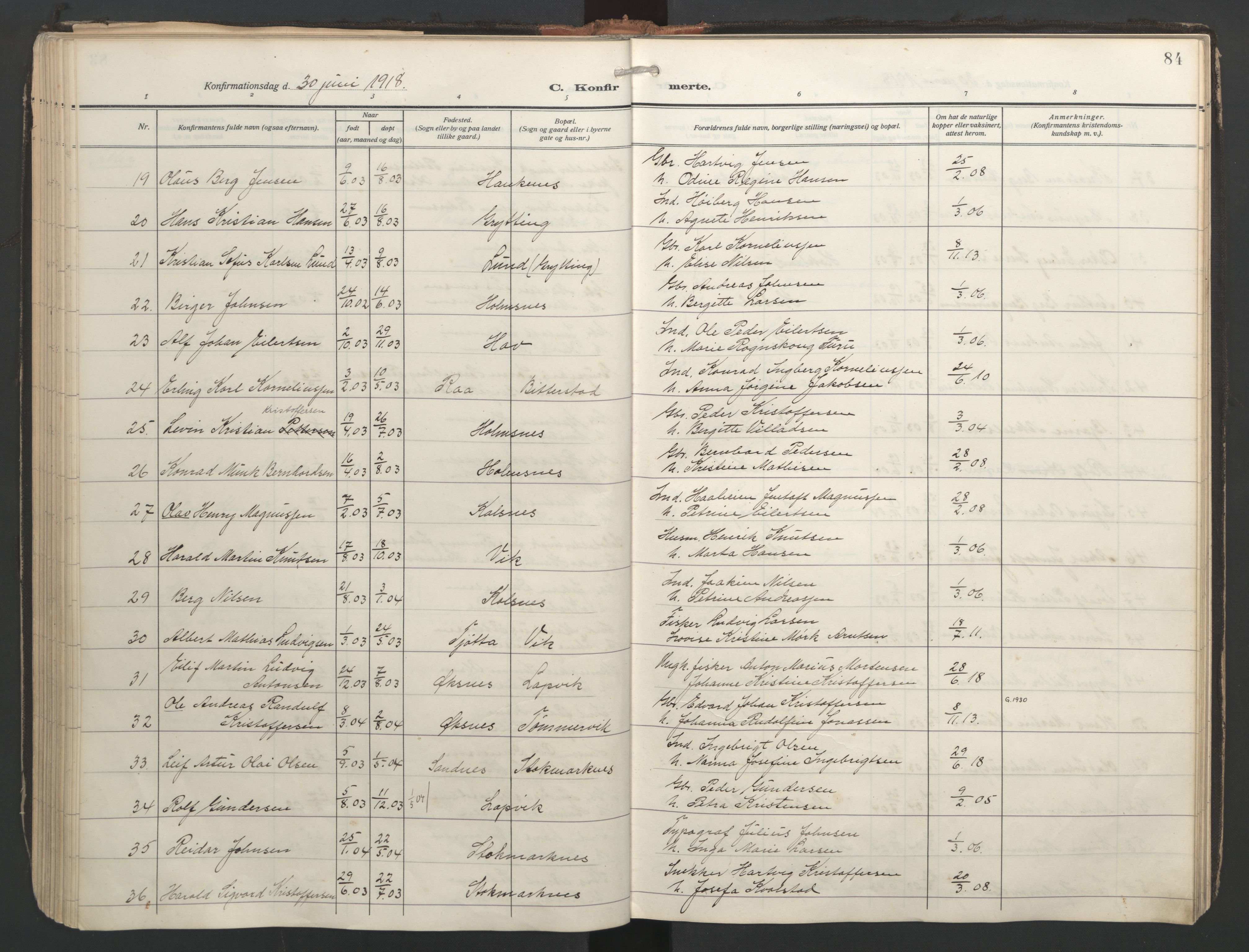 Ministerialprotokoller, klokkerbøker og fødselsregistre - Nordland, SAT/A-1459/888/L1249: Parish register (official) no. 888A15, 1911-1929, p. 84