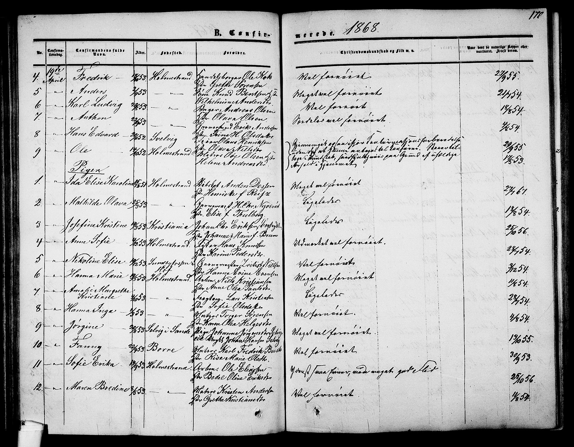 Holmestrand kirkebøker, AV/SAKO-A-346/G/Ga/L0003: Parish register (copy) no. 3, 1849-1874, p. 170