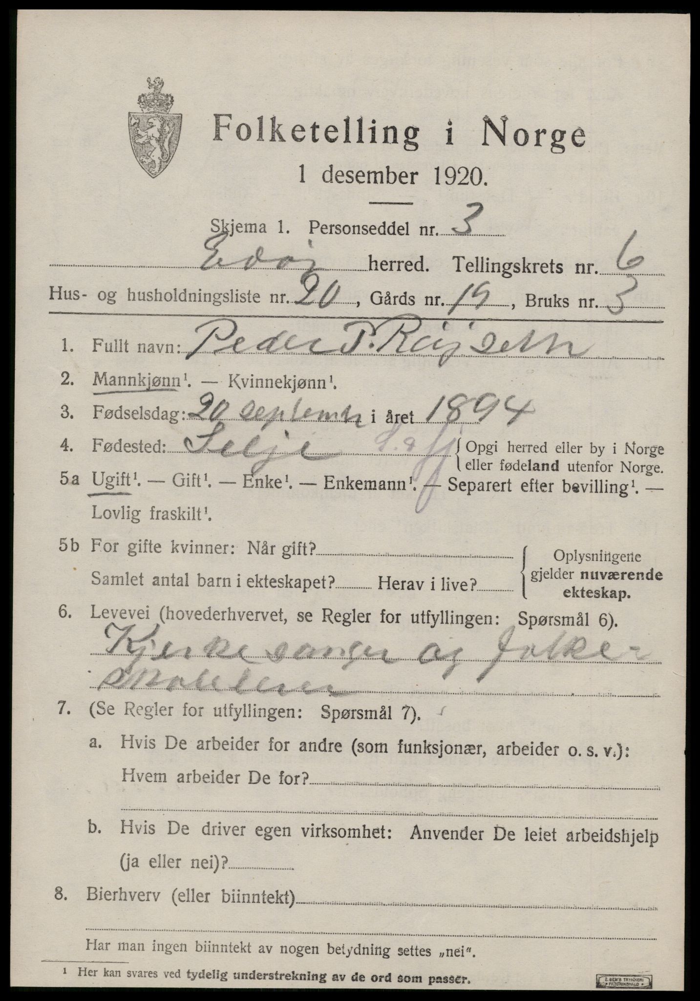 SAT, 1920 census for Edøy, 1920, p. 2016