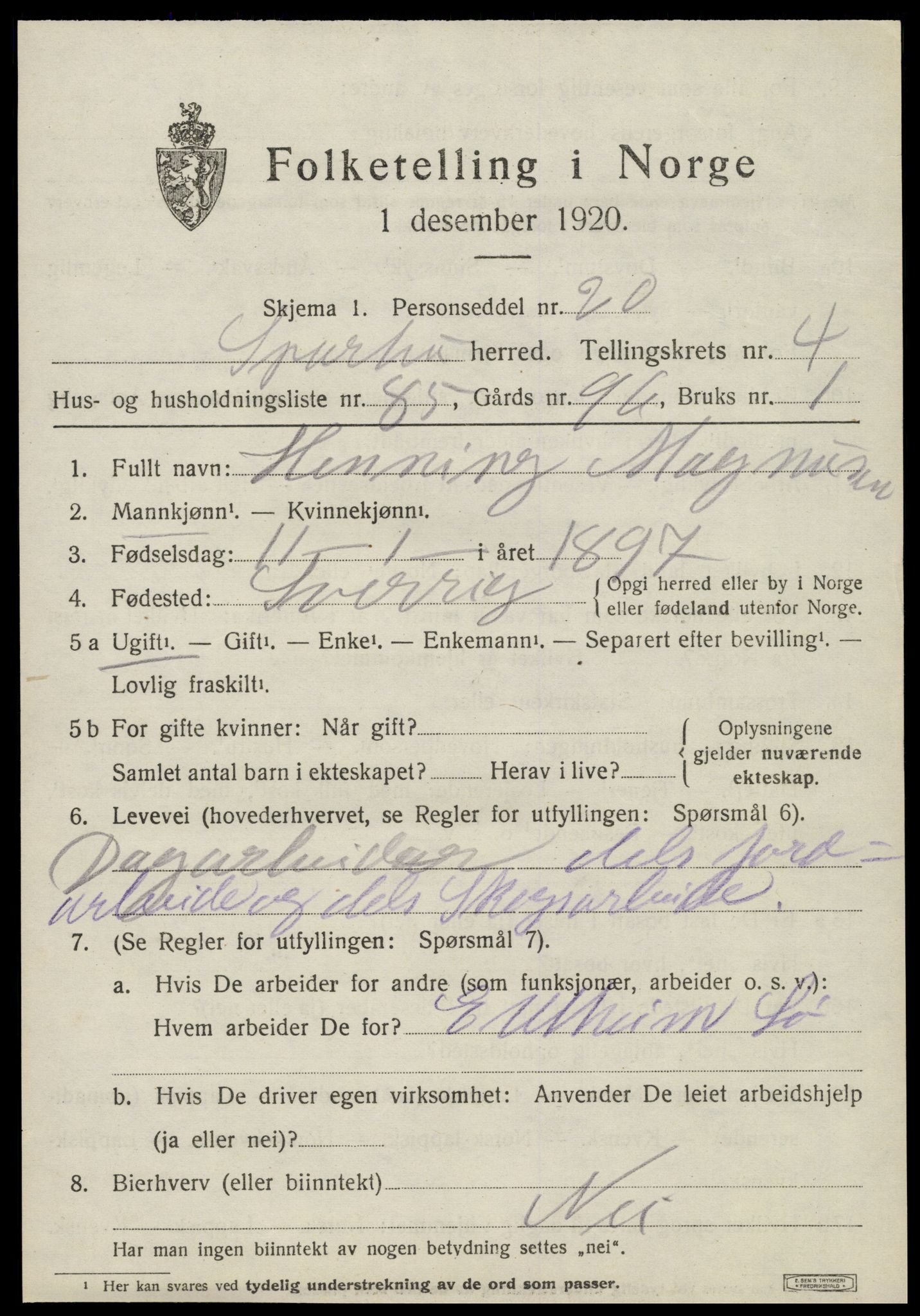 SAT, 1920 census for Sparbu, 1920, p. 6185