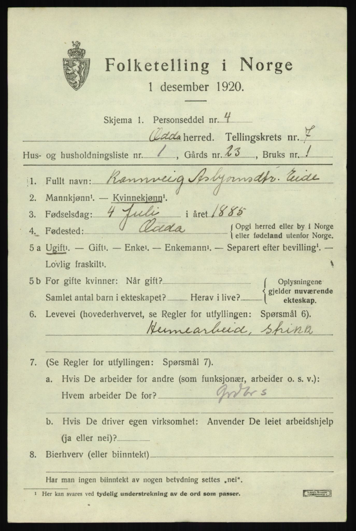 SAB, 1920 census for Odda, 1920, p. 4881