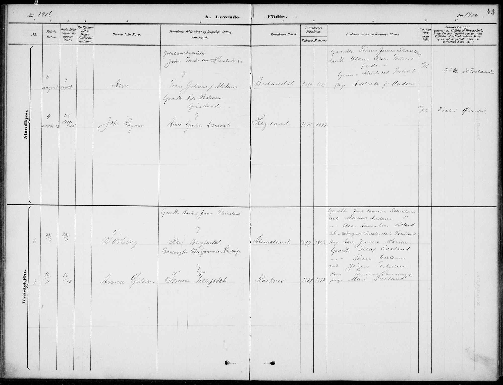 Vennesla sokneprestkontor, AV/SAK-1111-0045/Fb/Fba/L0003: Parish register (copy) no. B 3, 1890-1919, p. 43