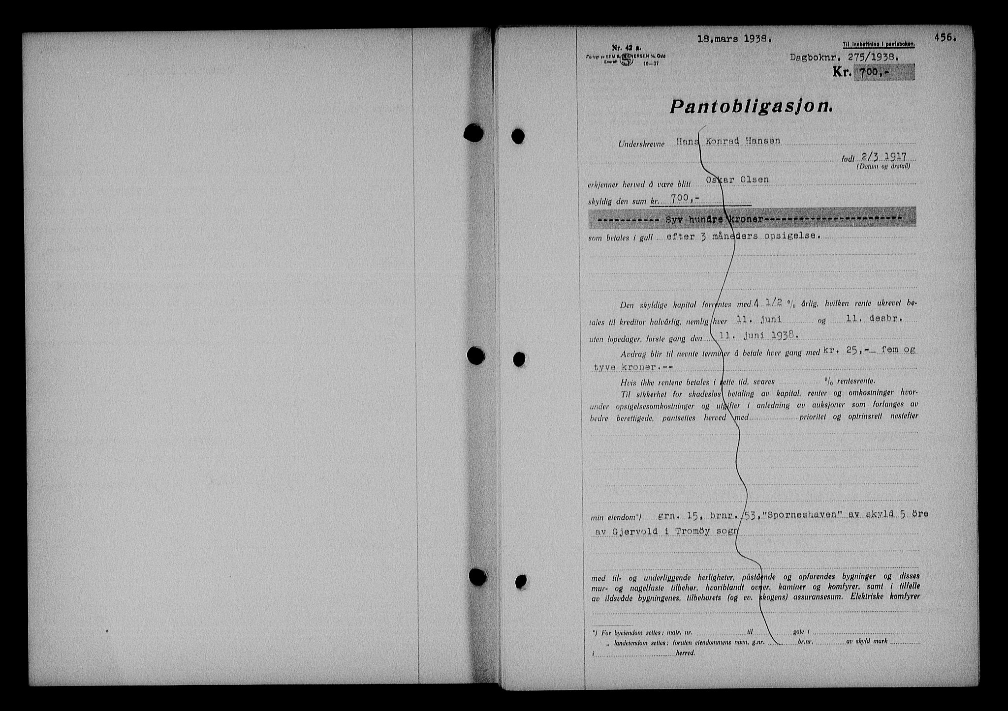 Nedenes sorenskriveri, SAK/1221-0006/G/Gb/Gba/L0044: Mortgage book no. 40, 1937-1938, Diary no: : 275/1938