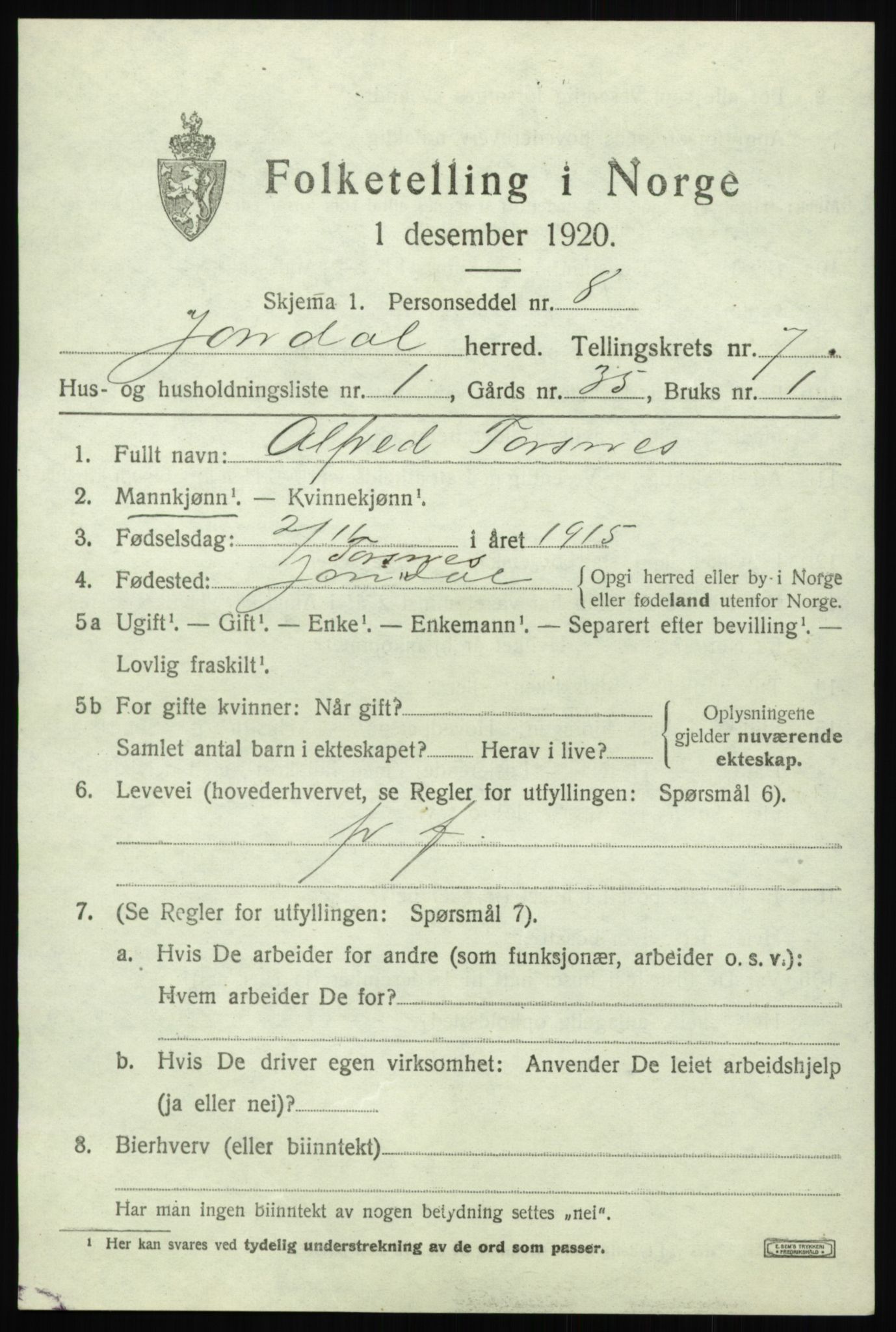 SAB, 1920 census for Jondal, 1920, p. 3770