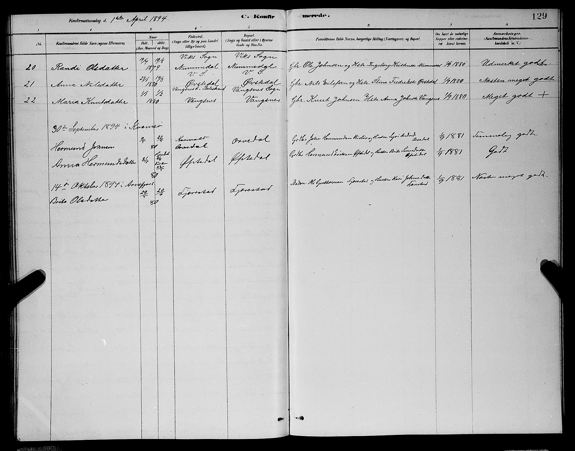 Vik sokneprestembete, AV/SAB-A-81501/H/Hab/Haba/L0003: Parish register (copy) no. A 3, 1878-1894, p. 129