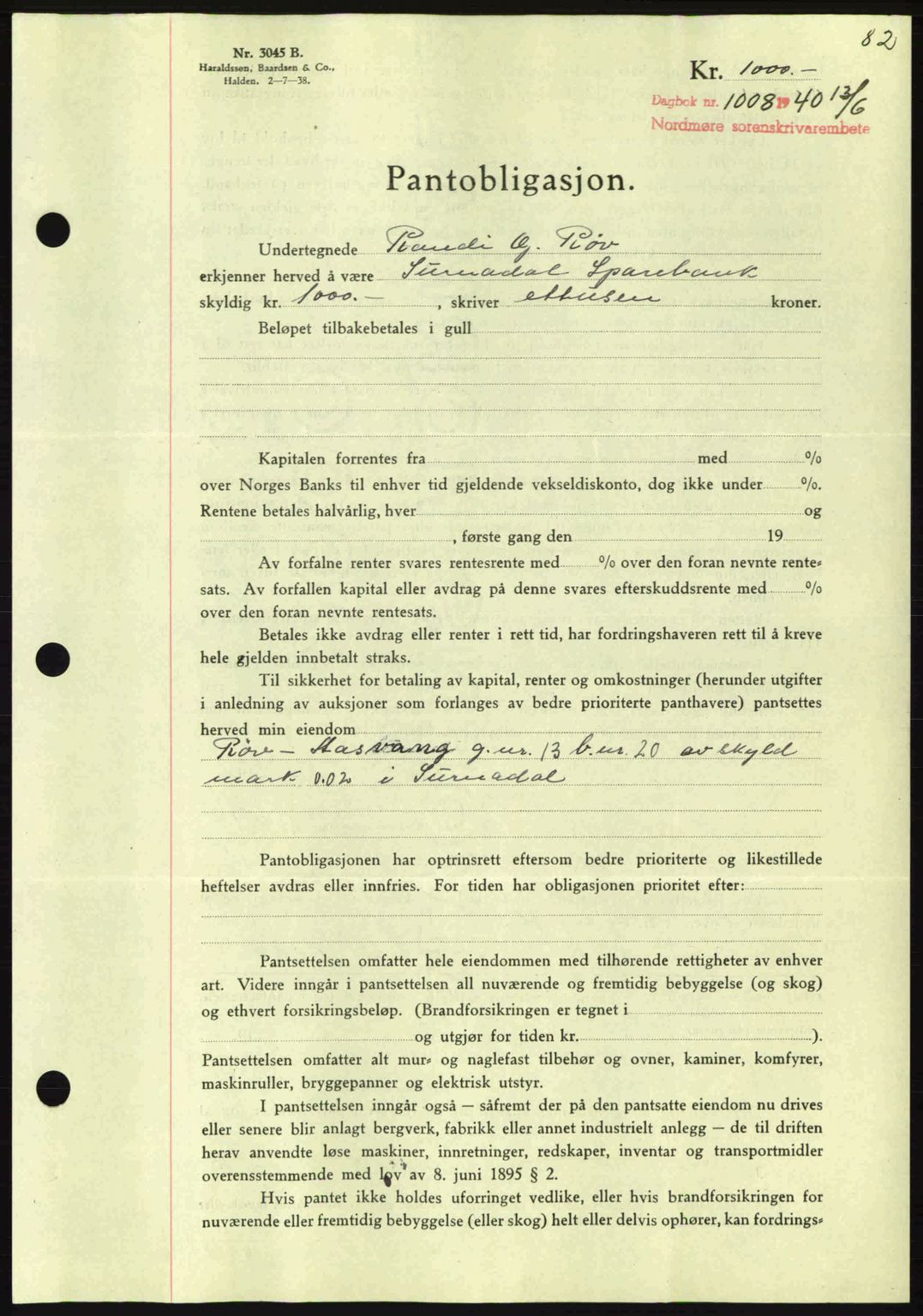 Nordmøre sorenskriveri, AV/SAT-A-4132/1/2/2Ca: Mortgage book no. B87, 1940-1941, Diary no: : 1008/1940